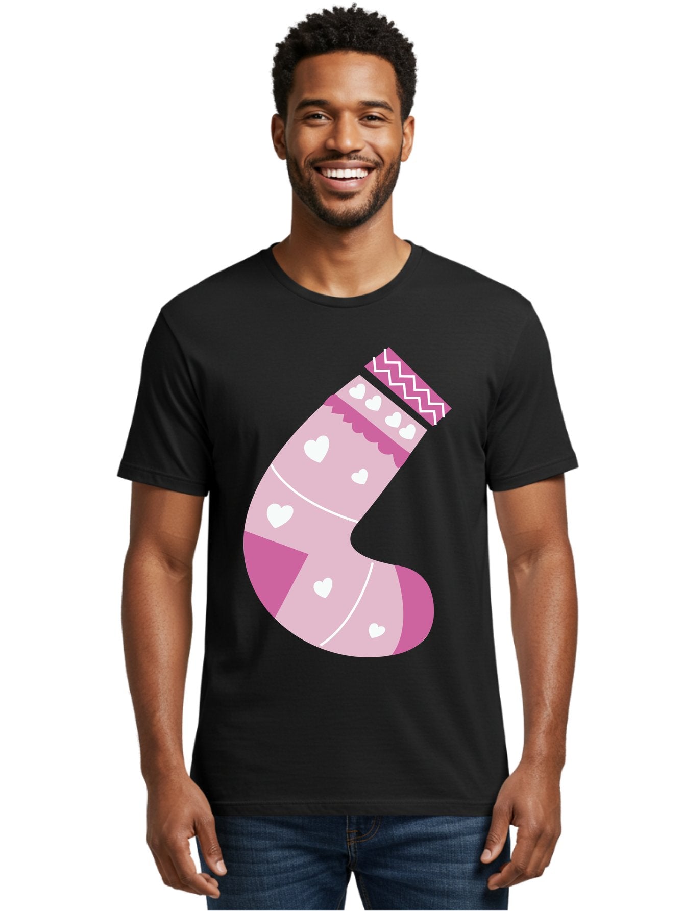 Christmas-Stocking-2 Men'S Graphic Tee, 100% Cotton, Comfortable Casual Summer Wear, Machine Washable, Christmas Stocking, Pink And White Colors, Heart Patterns, Festive Design, Holiday Decor, Christmas Theme, Seasonal Illustration Aac586 20