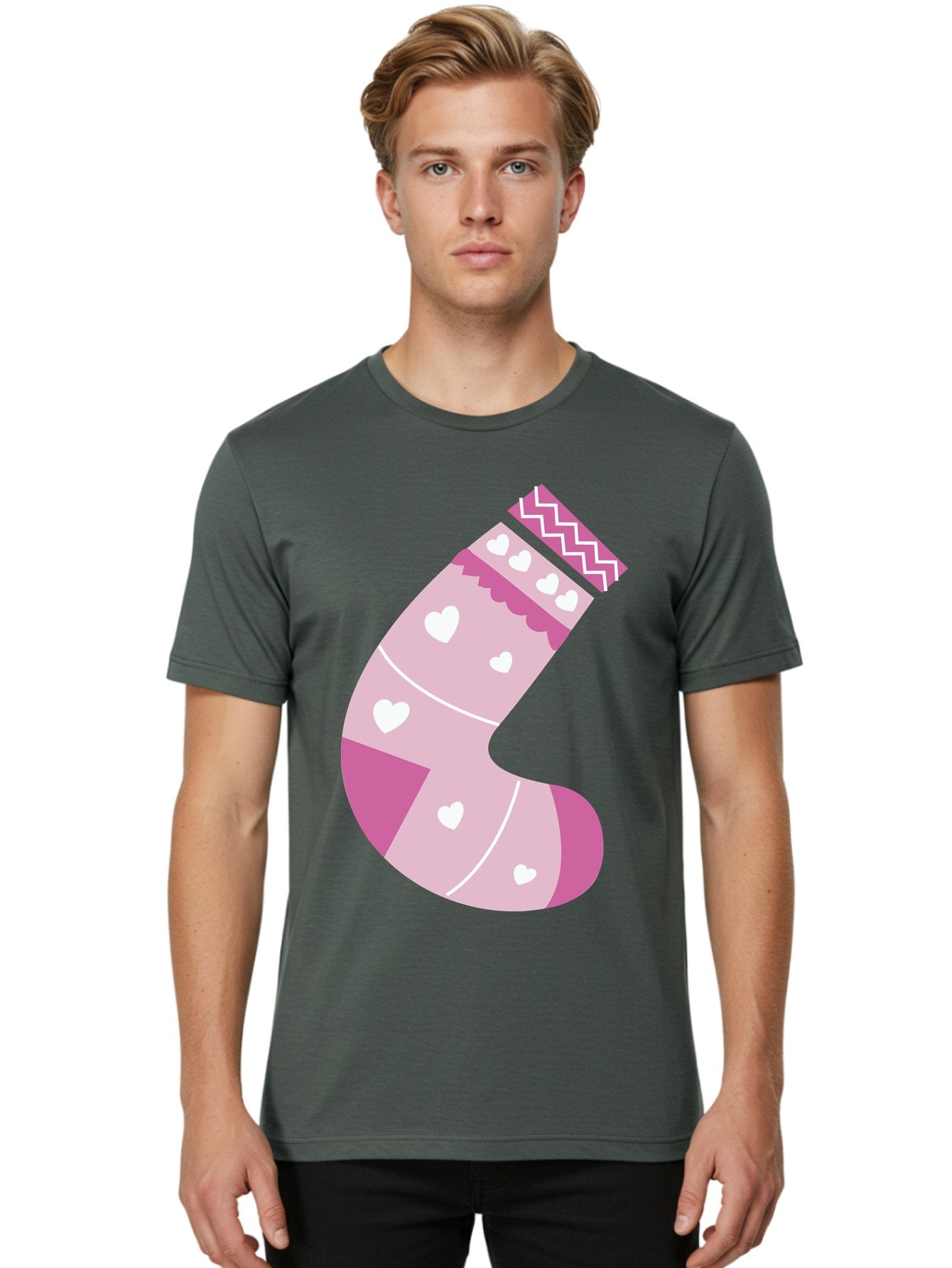 Christmas-Stocking-2 Men'S Graphic Tee, 100% Cotton, Comfortable Casual Summer Wear, Machine Washable, Christmas Stocking, Pink And White Colors, Heart Patterns, Festive Design, Holiday Decor, Christmas Theme, Seasonal Illustration Aac586 19