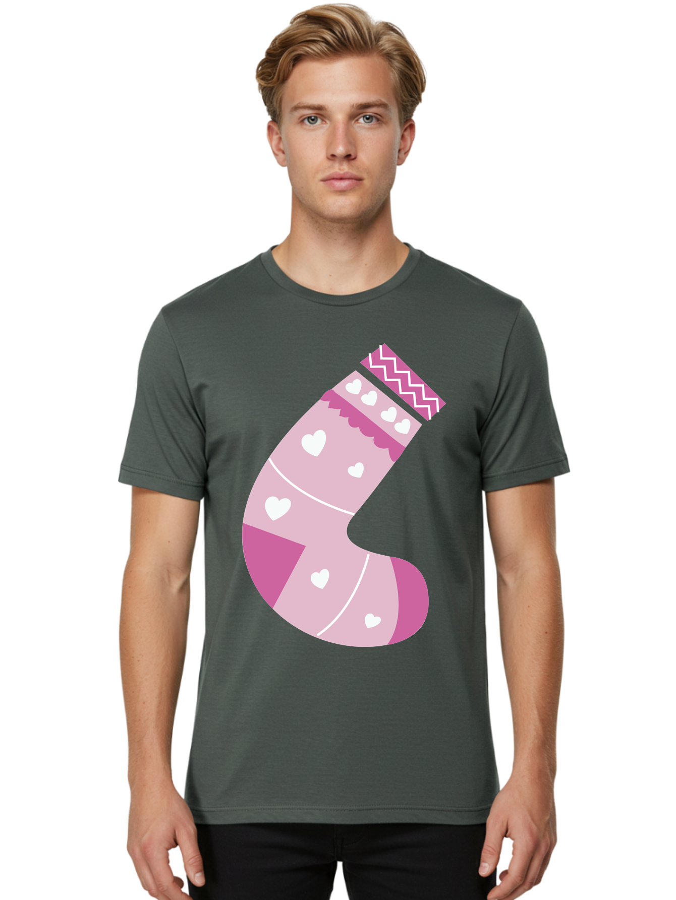 Christmas-Stocking-2 Men'S Graphic Tee, 100% Cotton, Comfortable Casual Summer Wear, Machine Washable, Christmas Stocking, Pink And White Colors, Heart Patterns, Festive Design, Holiday Decor, Christmas Theme, Seasonal Illustration Aac586 22