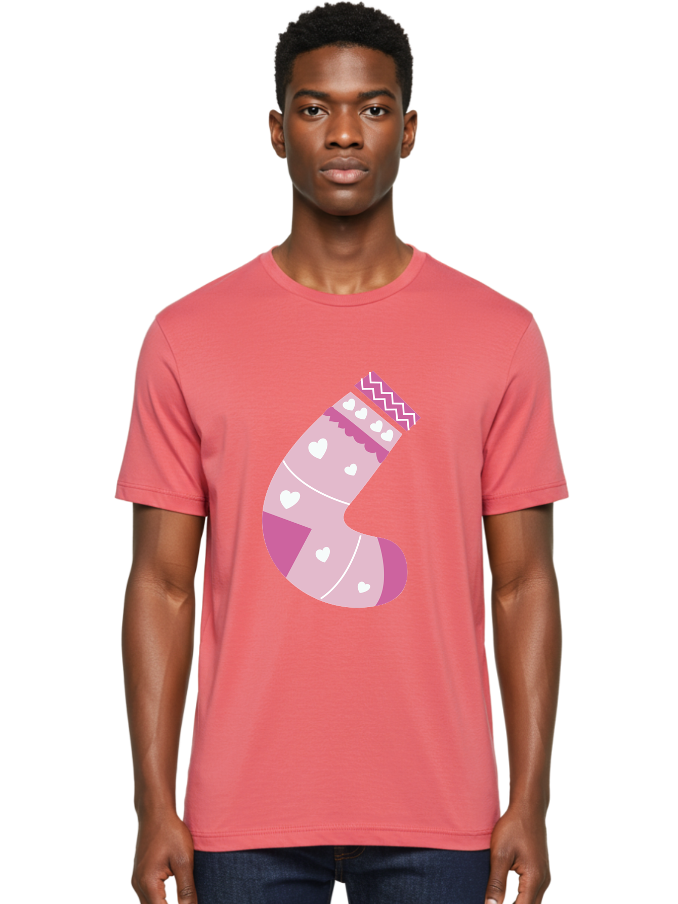 Christmas-Stocking-2 Men'S Graphic Tee, 100% Cotton, Comfortable Casual Summer Wear, Machine Washable, Christmas Stocking, Pink And White Colors, Heart Patterns, Festive Design, Holiday Decor, Christmas Theme, Seasonal Illustration Aac586