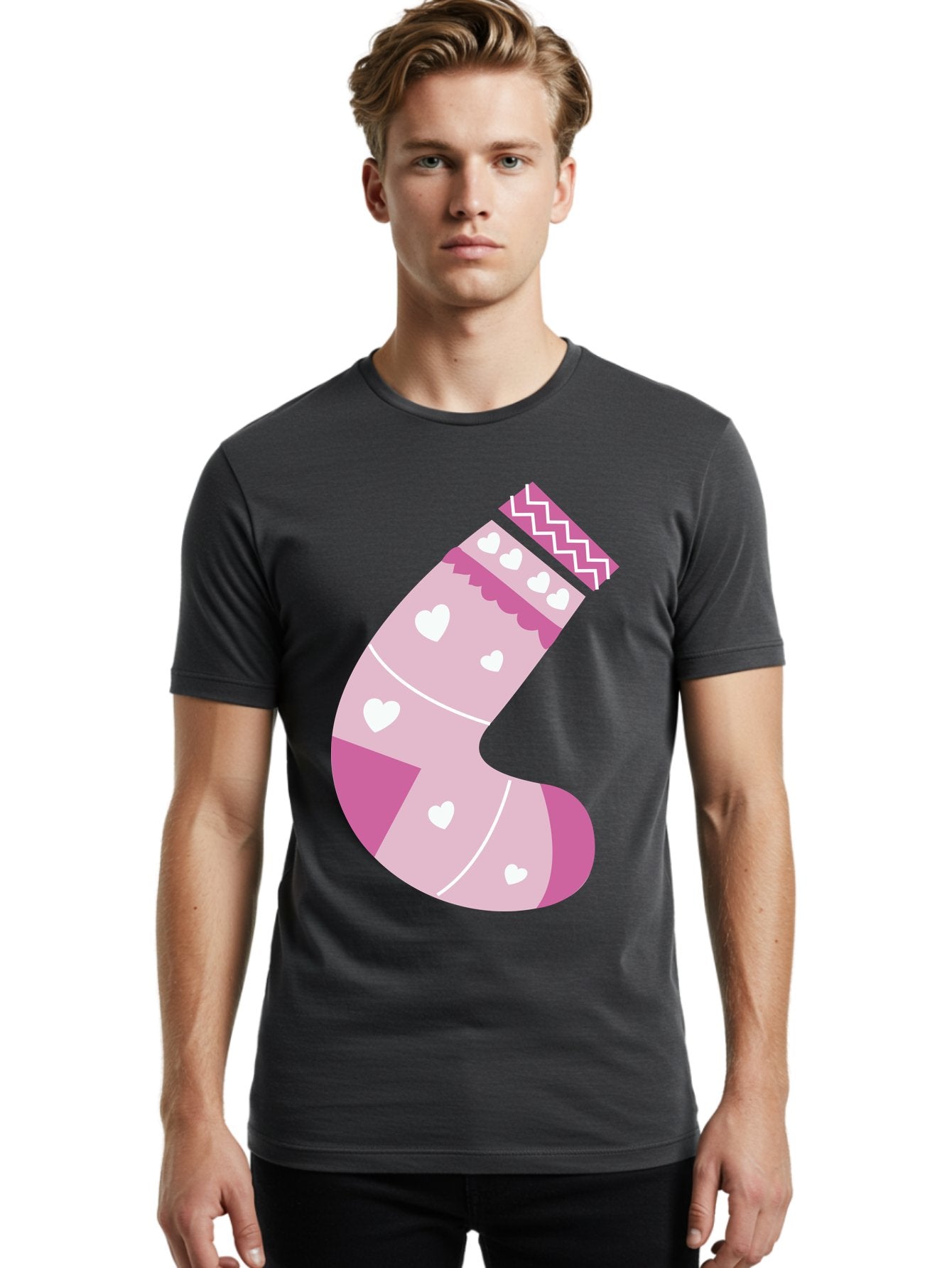 Christmas-Stocking-2 Men'S Graphic Tee, 100% Cotton, Comfortable Casual Summer Wear, Machine Washable, Christmas Stocking, Pink And White Colors, Heart Patterns, Festive Design, Holiday Decor, Christmas Theme, Seasonal Illustration Aac586 17