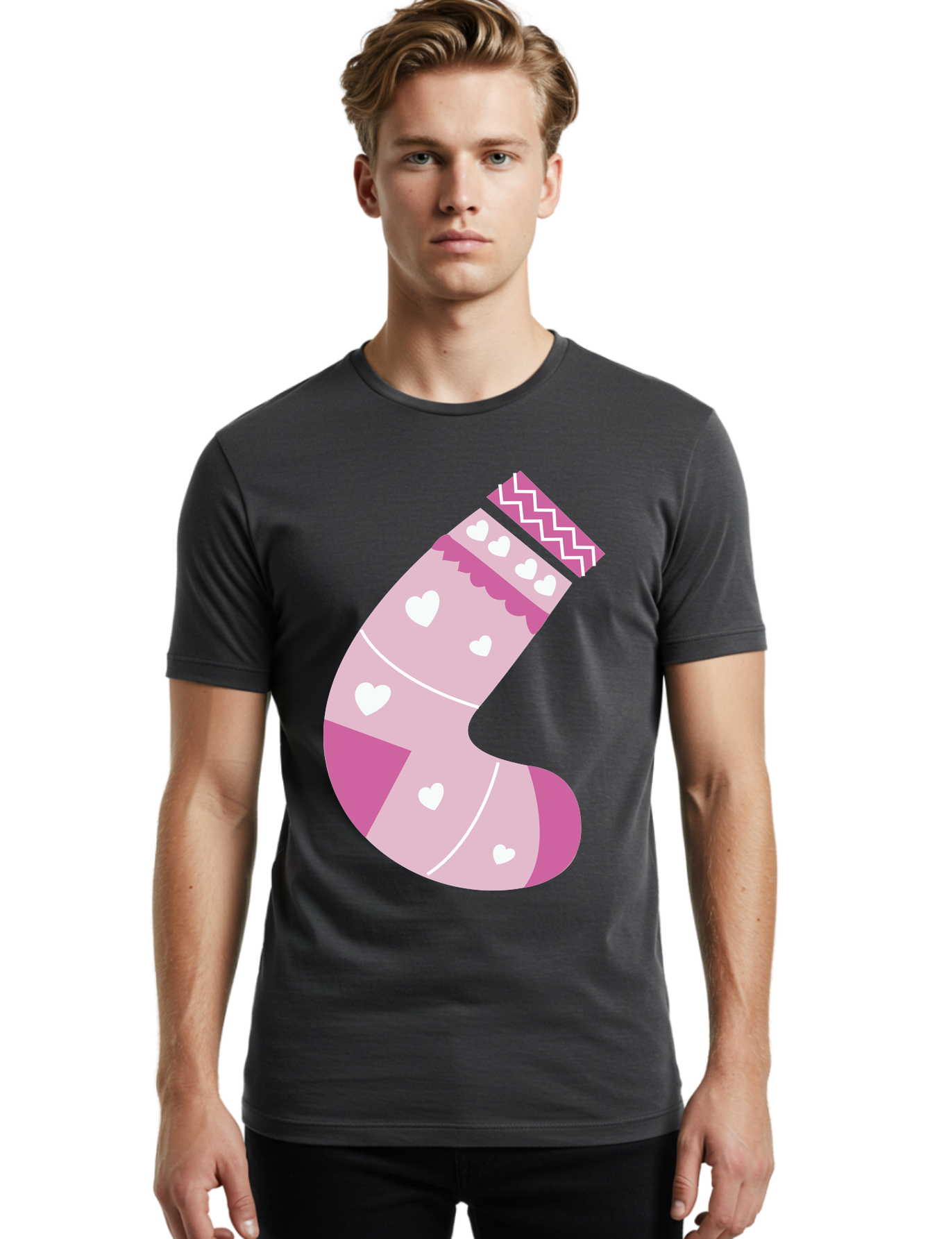 Christmas-Stocking-2 Men'S Graphic Tee, 100% Cotton, Comfortable Casual Summer Wear, Machine Washable, Christmas Stocking, Pink And White Colors, Heart Patterns, Festive Design, Holiday Decor, Christmas Theme, Seasonal Illustration Aac586 28