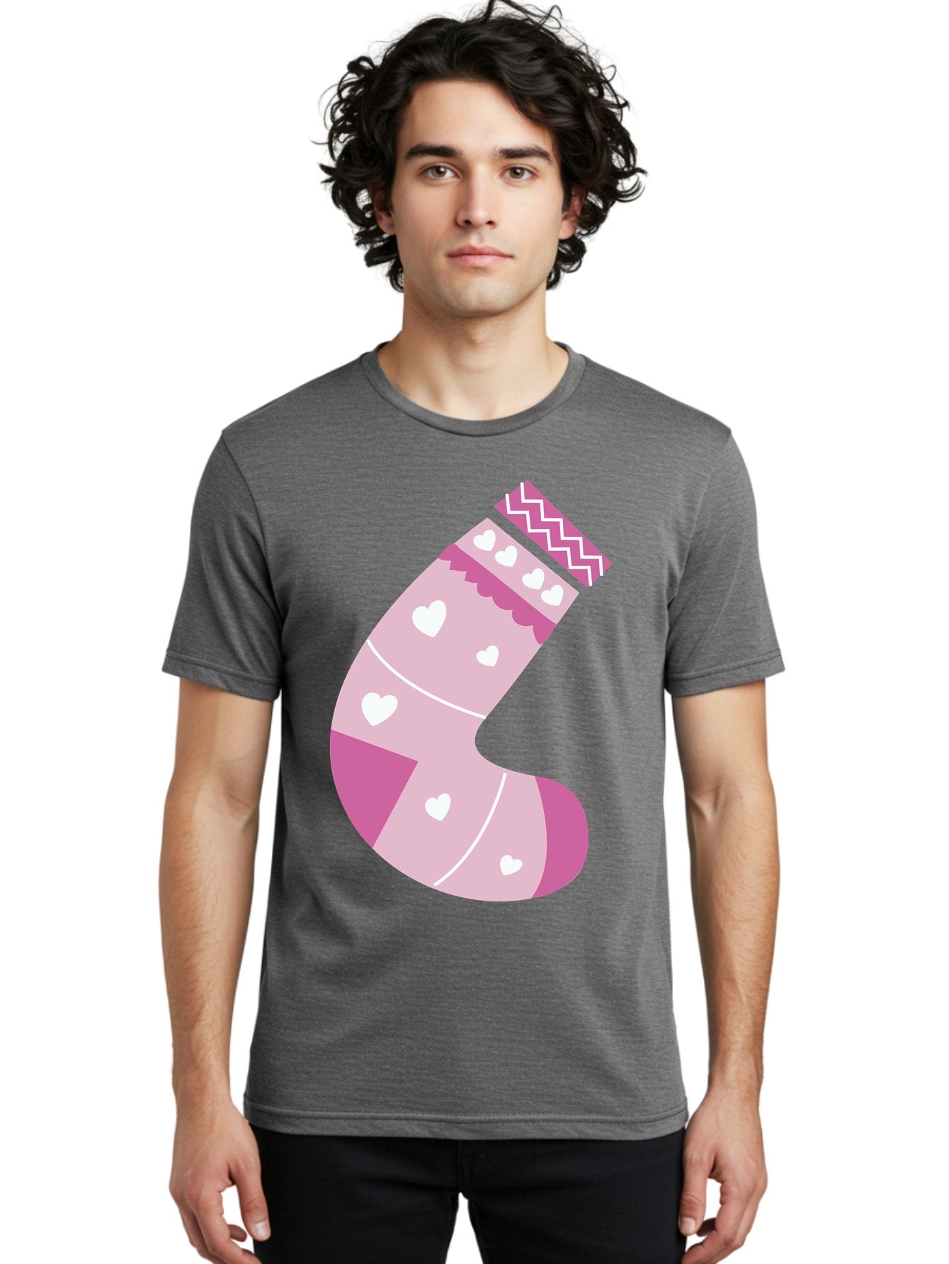 Christmas-Stocking-2 Men'S Graphic Tee, 100% Cotton, Comfortable Casual Summer Wear, Machine Washable, Christmas Stocking, Pink And White Colors, Heart Patterns, Festive Design, Holiday Decor, Christmas Theme, Seasonal Illustration Aac586 21