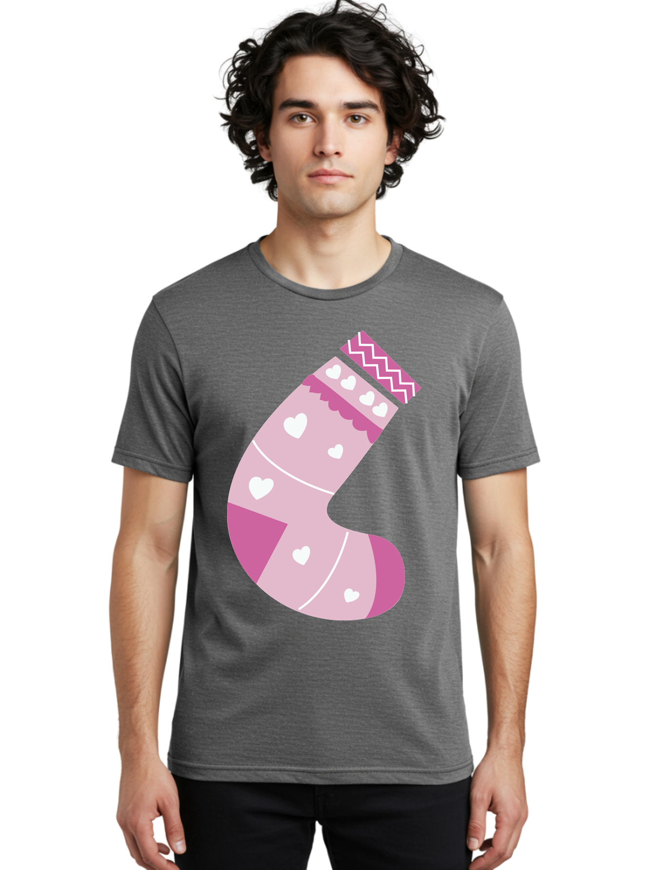 Christmas-Stocking-2 Men'S Graphic Tee, 100% Cotton, Comfortable Casual Summer Wear, Machine Washable, Christmas Stocking, Pink And White Colors, Heart Patterns, Festive Design, Holiday Decor, Christmas Theme, Seasonal Illustration Aac586 20