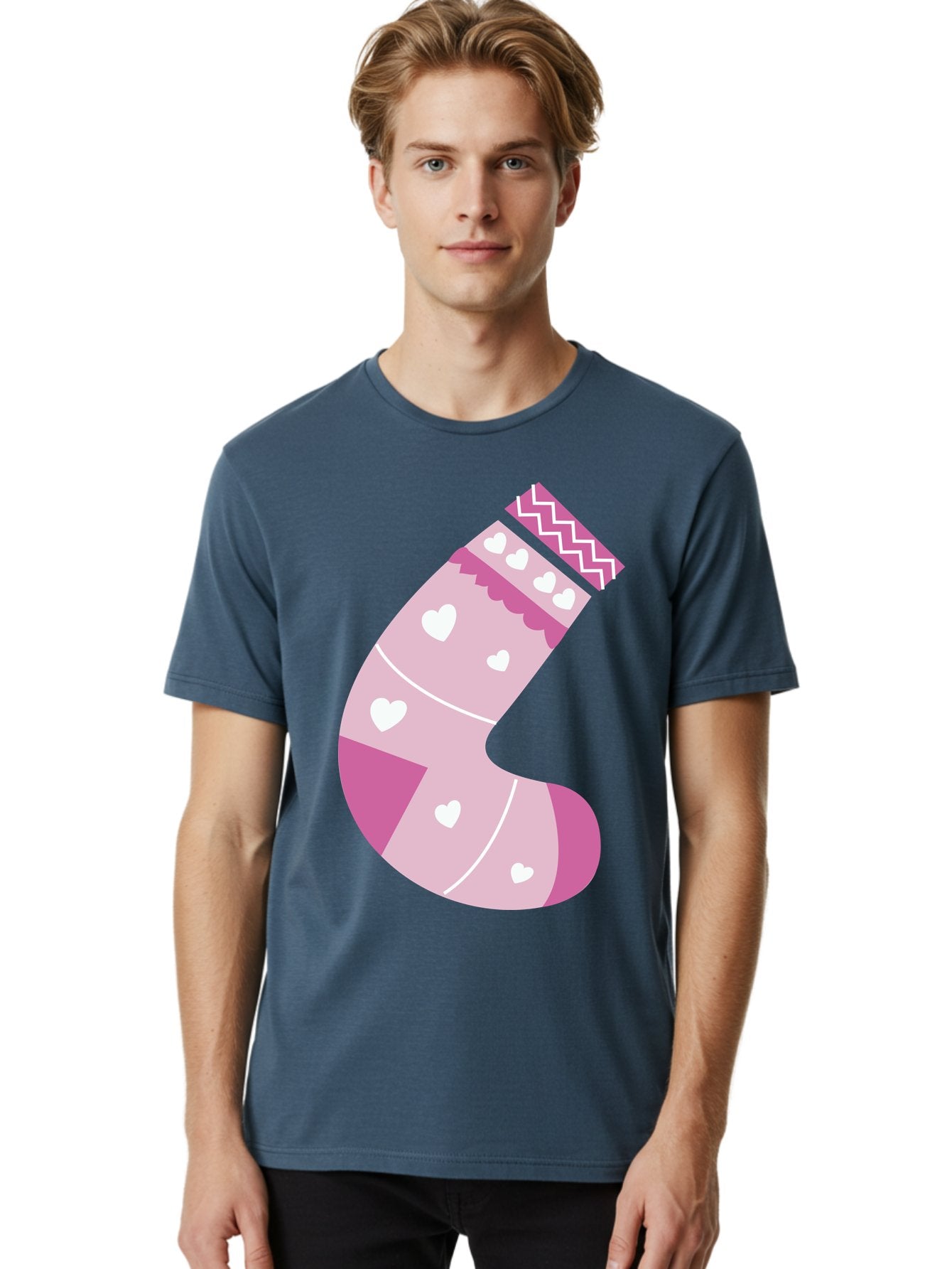 Christmas-Stocking-2 Men'S Graphic Tee, 100% Cotton, Comfortable Casual Summer Wear, Machine Washable, Christmas Stocking, Pink And White Colors, Heart Patterns, Festive Design, Holiday Decor, Christmas Theme, Seasonal Illustration Aac586 28