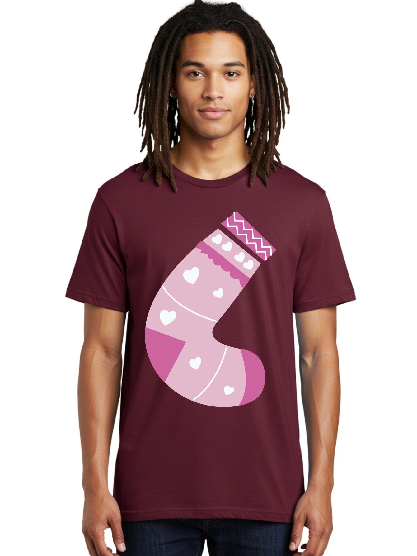 Christmas-Stocking-2 Men'S Graphic Tee, 100% Cotton, Comfortable Casual Summer Wear, Machine Washable, Christmas Stocking, Pink And White Colors, Heart Patterns, Festive Design, Holiday Decor, Christmas Theme, Seasonal Illustration Aac586 27
