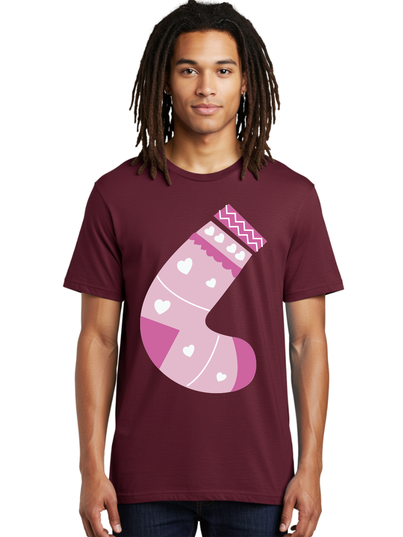 Christmas-Stocking-2 Men'S Graphic Tee, 100% Cotton, Comfortable Casual Summer Wear, Machine Washable, Christmas Stocking, Pink And White Colors, Heart Patterns, Festive Design, Holiday Decor, Christmas Theme, Seasonal Illustration Aac586 8