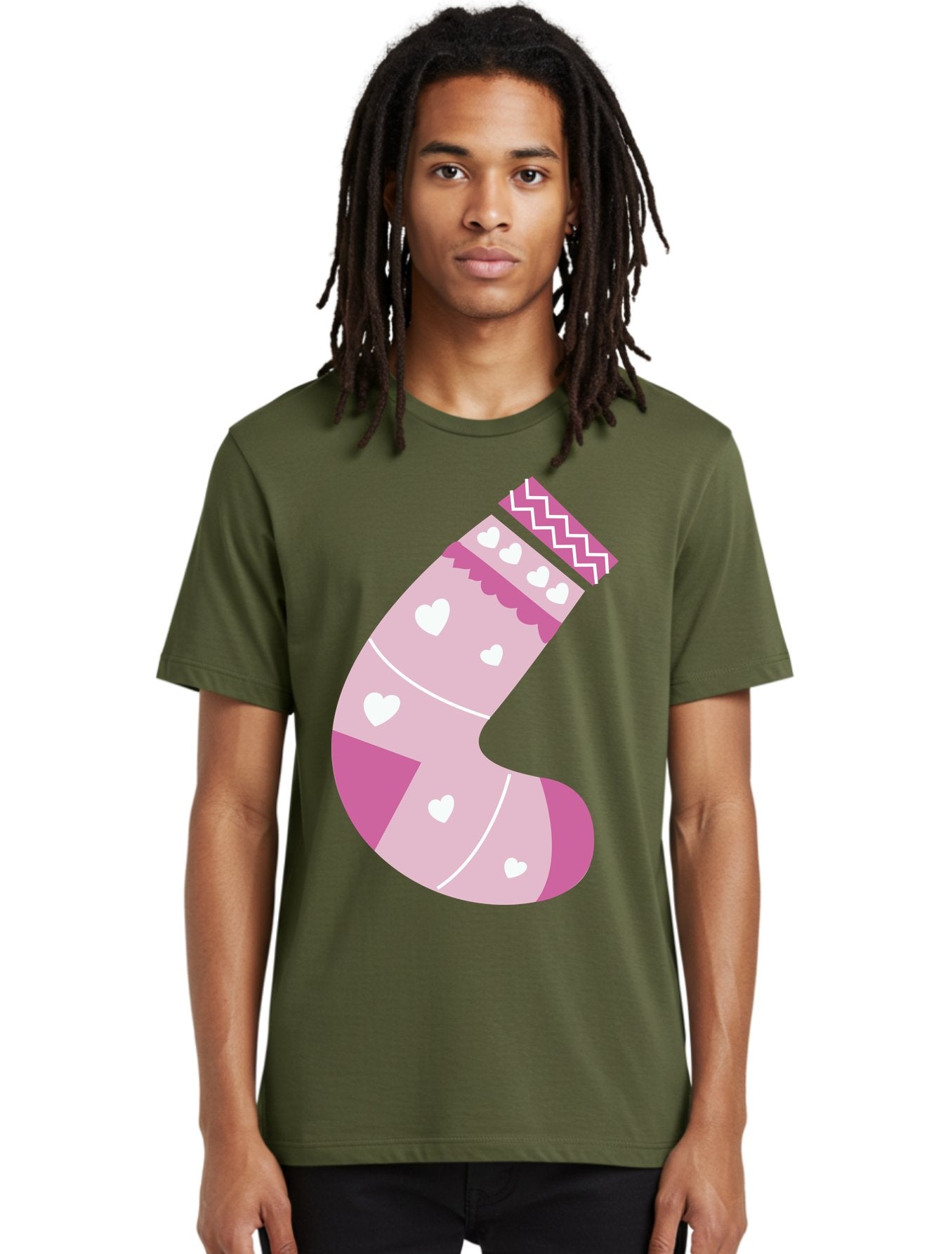 Christmas-Stocking-2 Men'S Graphic Tee, 100% Cotton, Comfortable Casual Summer Wear, Machine Washable, Christmas Stocking, Pink And White Colors, Heart Patterns, Festive Design, Holiday Decor, Christmas Theme, Seasonal Illustration Aac586 18