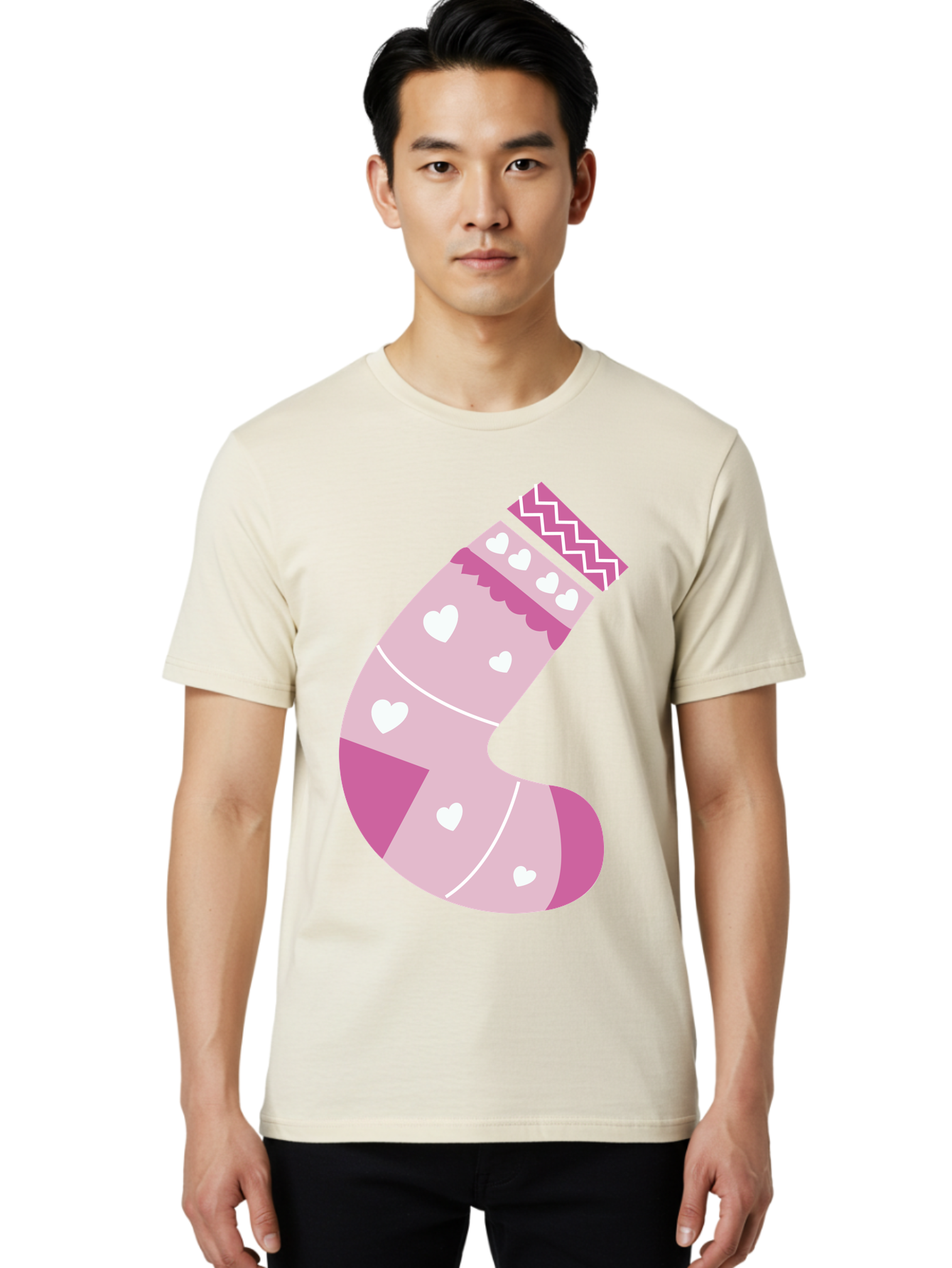 Christmas-Stocking-2 Men'S Graphic Tee, 100% Cotton, Comfortable Casual Summer Wear, Machine Washable, Christmas Stocking, Pink And White Colors, Heart Patterns, Festive Design, Holiday Decor, Christmas Theme, Seasonal Illustration Aac586 26