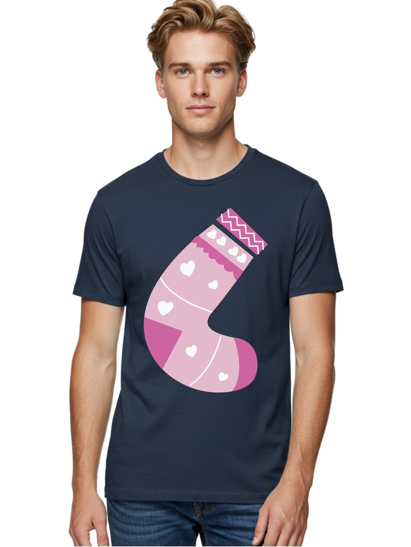 Christmas-Stocking-2 Men'S Graphic Tee, 100% Cotton, Comfortable Casual Summer Wear, Machine Washable, Christmas Stocking, Pink And White Colors, Heart Patterns, Festive Design, Holiday Decor, Christmas Theme, Seasonal Illustration Aac586 29