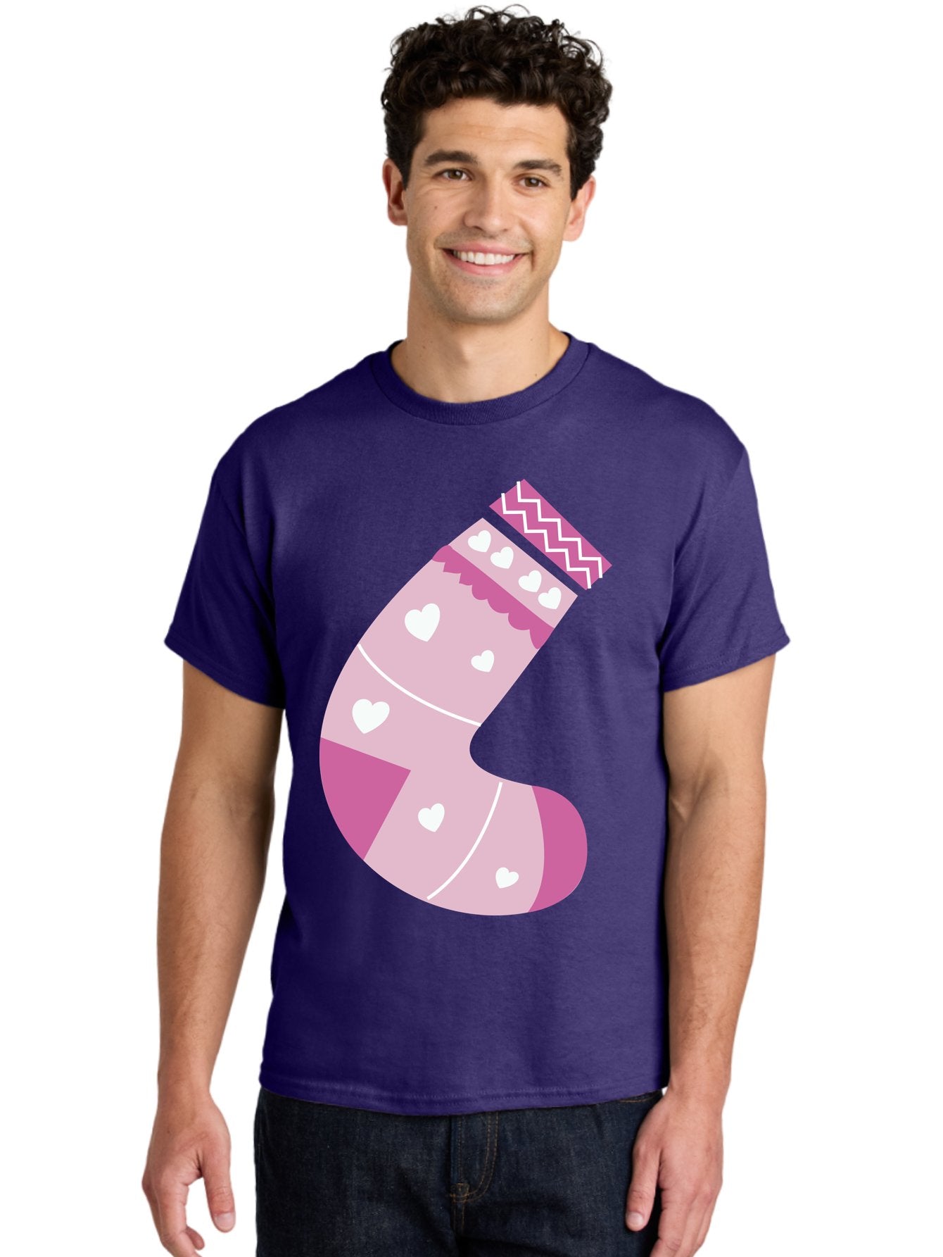 Christmas-Stocking-2 Men'S Graphic Tee, 100% Cotton, Comfortable Casual Summer Wear, Machine Washable, Christmas Stocking, Pink And White Colors, Heart Patterns, Festive Design, Holiday Decor, Christmas Theme, Seasonal Illustration Aac586 25