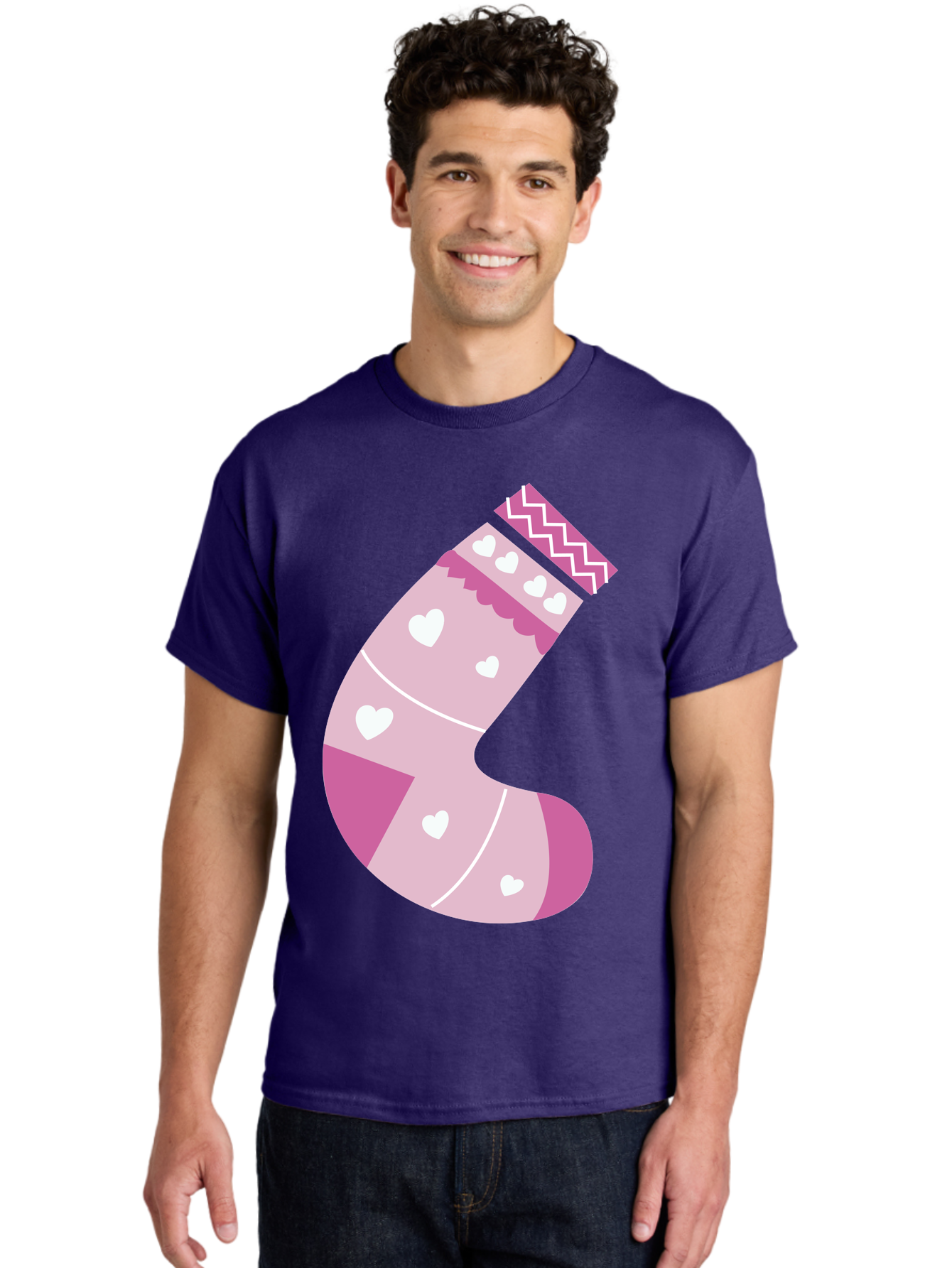 Christmas-Stocking-2 Men'S Graphic Tee, 100% Cotton, Comfortable Casual Summer Wear, Machine Washable, Christmas Stocking, Pink And White Colors, Heart Patterns, Festive Design, Holiday Decor, Christmas Theme, Seasonal Illustration Aac586 12