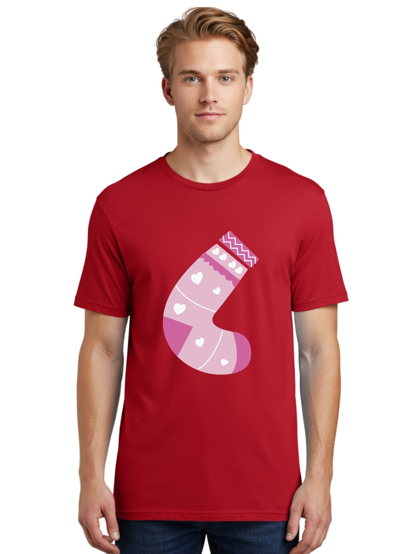 Christmas-Stocking-2 Men'S Graphic Tee, 100% Cotton, Comfortable Casual Summer Wear, Machine Washable, Christmas Stocking, Pink And White Colors, Heart Patterns, Festive Design, Holiday Decor, Christmas Theme, Seasonal Illustration Aac586 23
