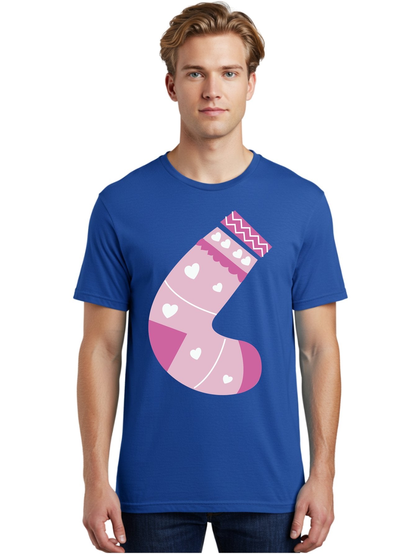 Christmas-Stocking-2 Men'S Graphic Tee, 100% Cotton, Comfortable Casual Summer Wear, Machine Washable, Christmas Stocking, Pink And White Colors, Heart Patterns, Festive Design, Holiday Decor, Christmas Theme, Seasonal Illustration Aac586 22