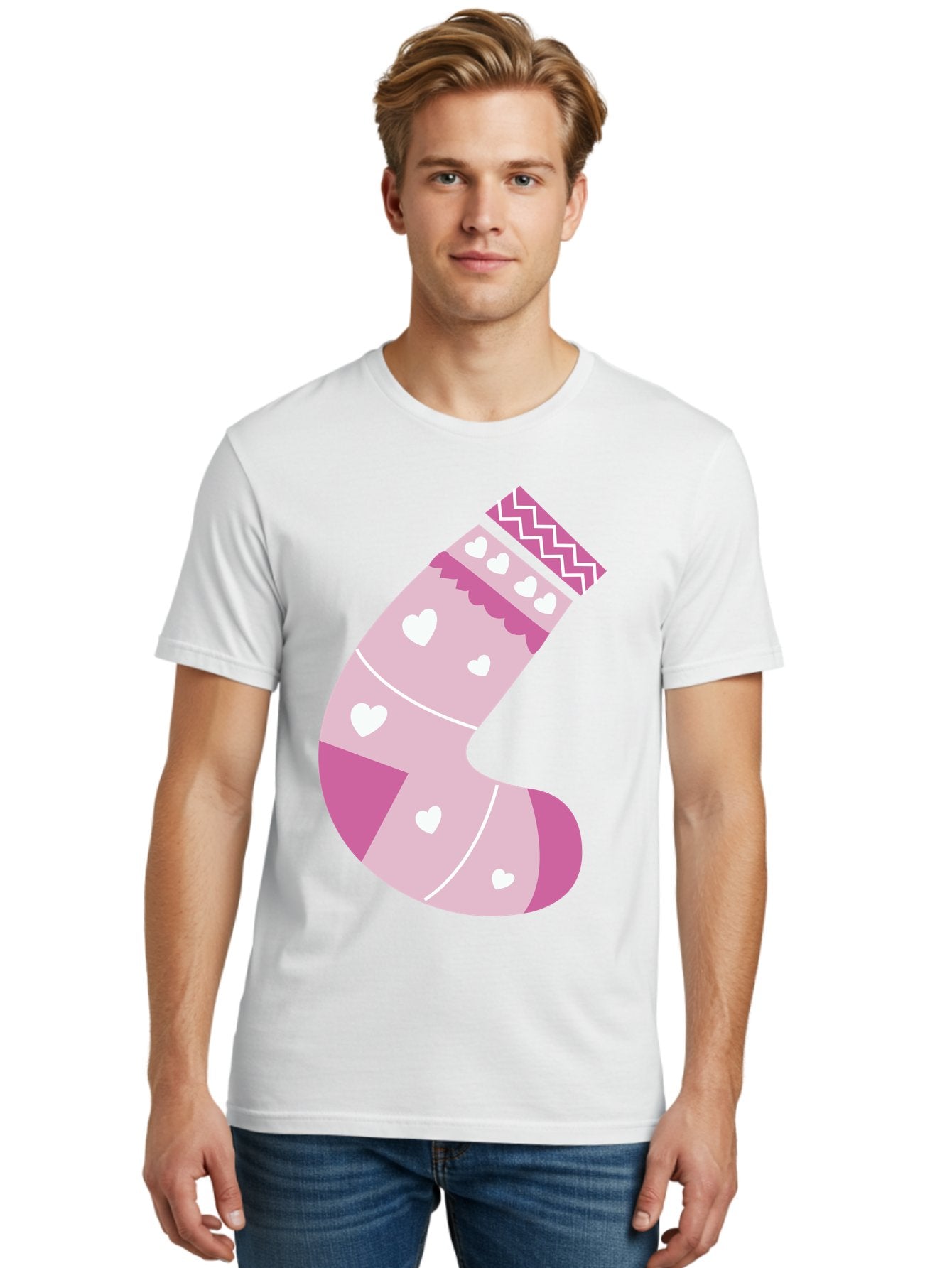 Christmas-Stocking-2 Men'S Graphic Tee, 100% Cotton, Comfortable Casual Summer Wear, Machine Washable, Christmas Stocking, Pink And White Colors, Heart Patterns, Festive Design, Holiday Decor, Christmas Theme, Seasonal Illustration Aac586 24