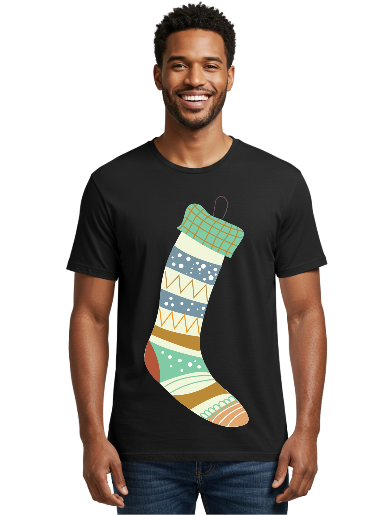 Christmas-Stocking Men'S Graphic Tee, 100% Cotton, Comfortable Casual Summer Wear, Machine Washable, Christmas Stocking, Holiday Decor, Festive Patterns, Stripes, Polka Dots, Chevron Design, Hanging Ornament, Seasonal Decoration, Aac587 22