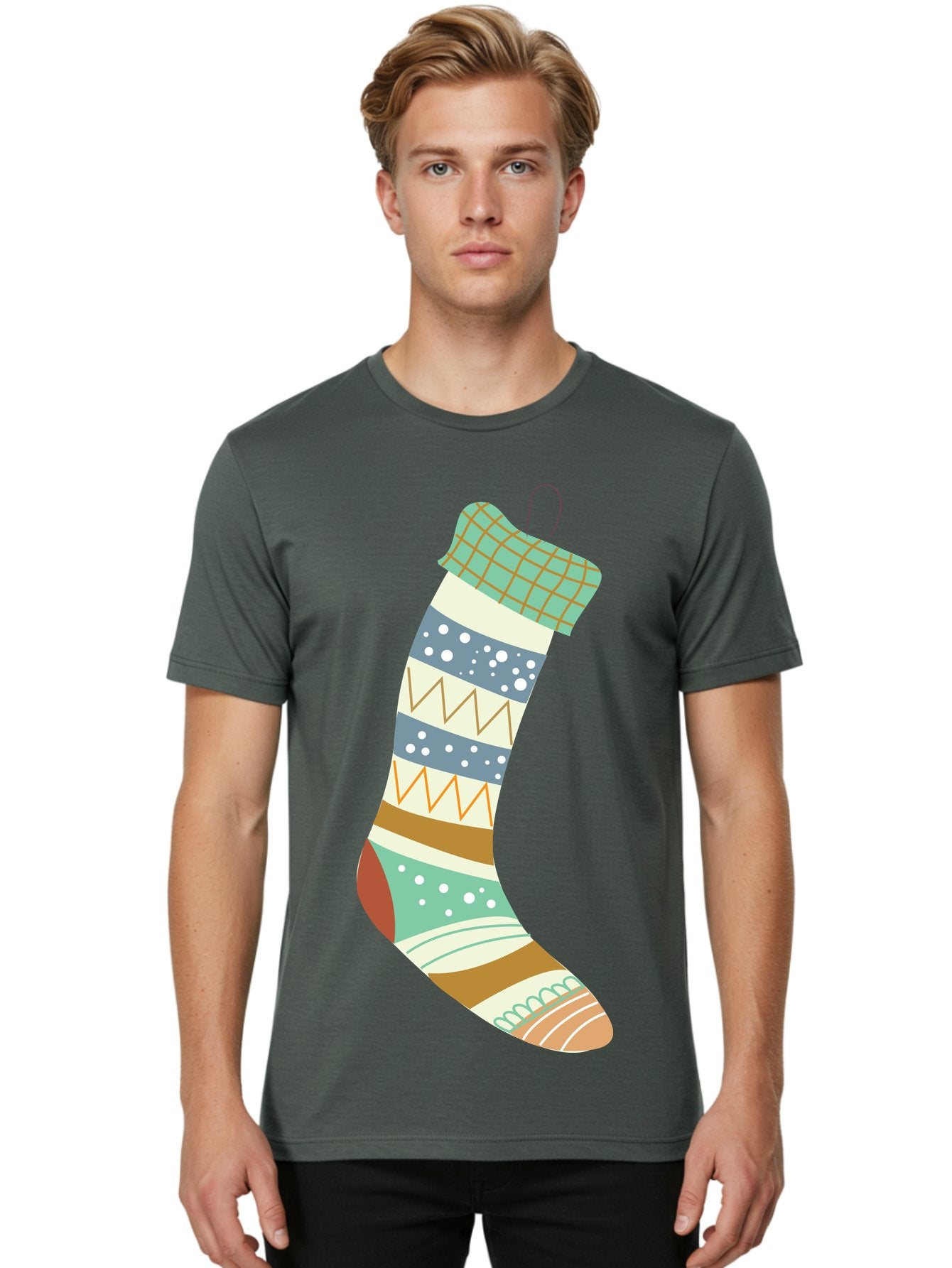 Christmas-Stocking Men'S Graphic Tee, 100% Cotton, Comfortable Casual Summer Wear, Machine Washable, Christmas Stocking, Holiday Decor, Festive Patterns, Stripes, Polka Dots, Chevron Design, Hanging Ornament, Seasonal Decoration, Aac587 24