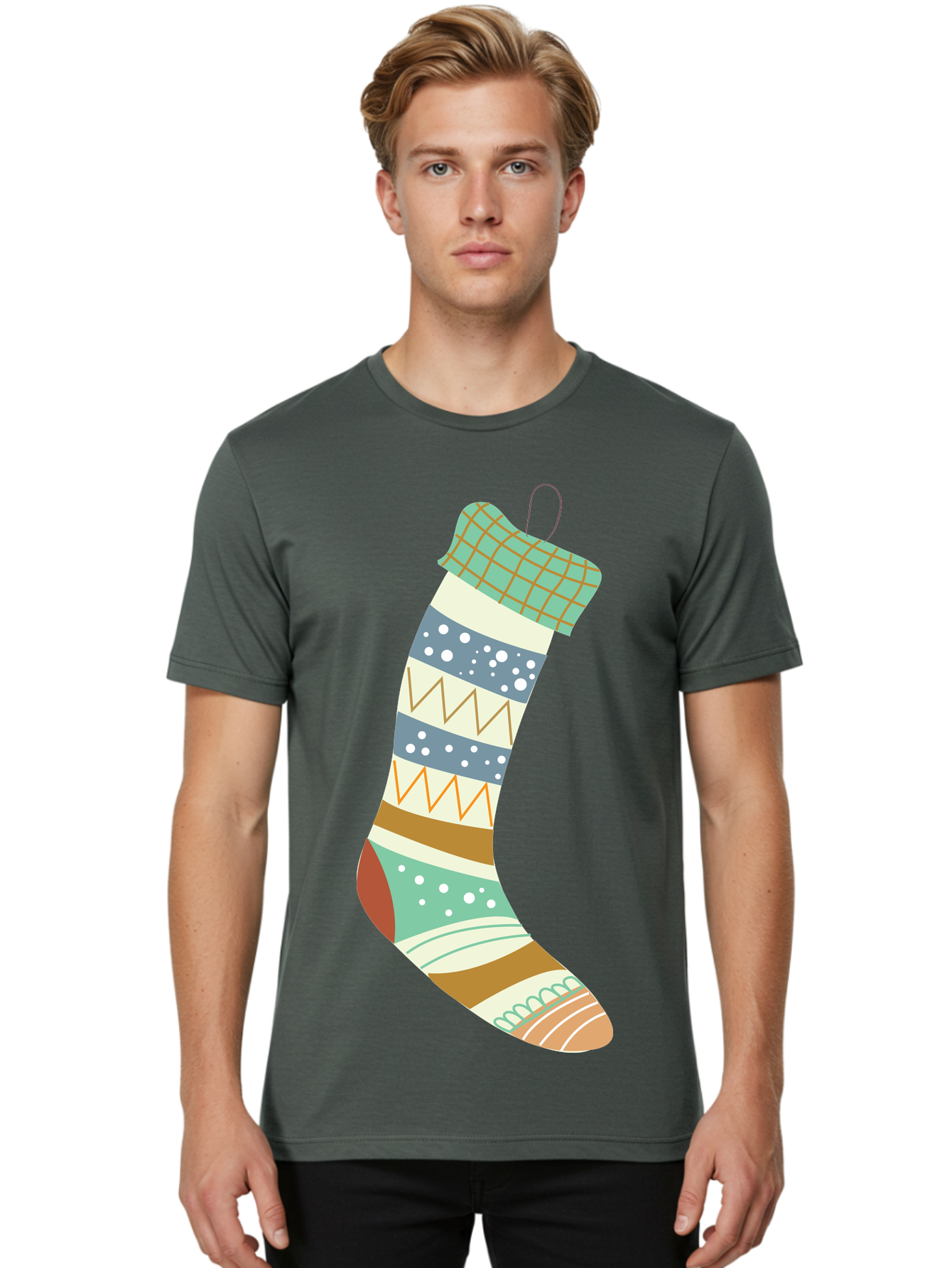 Christmas-Stocking Men'S Graphic Tee, 100% Cotton, Comfortable Casual Summer Wear, Machine Washable, Christmas Stocking, Holiday Decor, Festive Patterns, Stripes, Polka Dots, Chevron Design, Hanging Ornament, Seasonal Decoration, Aac587 14