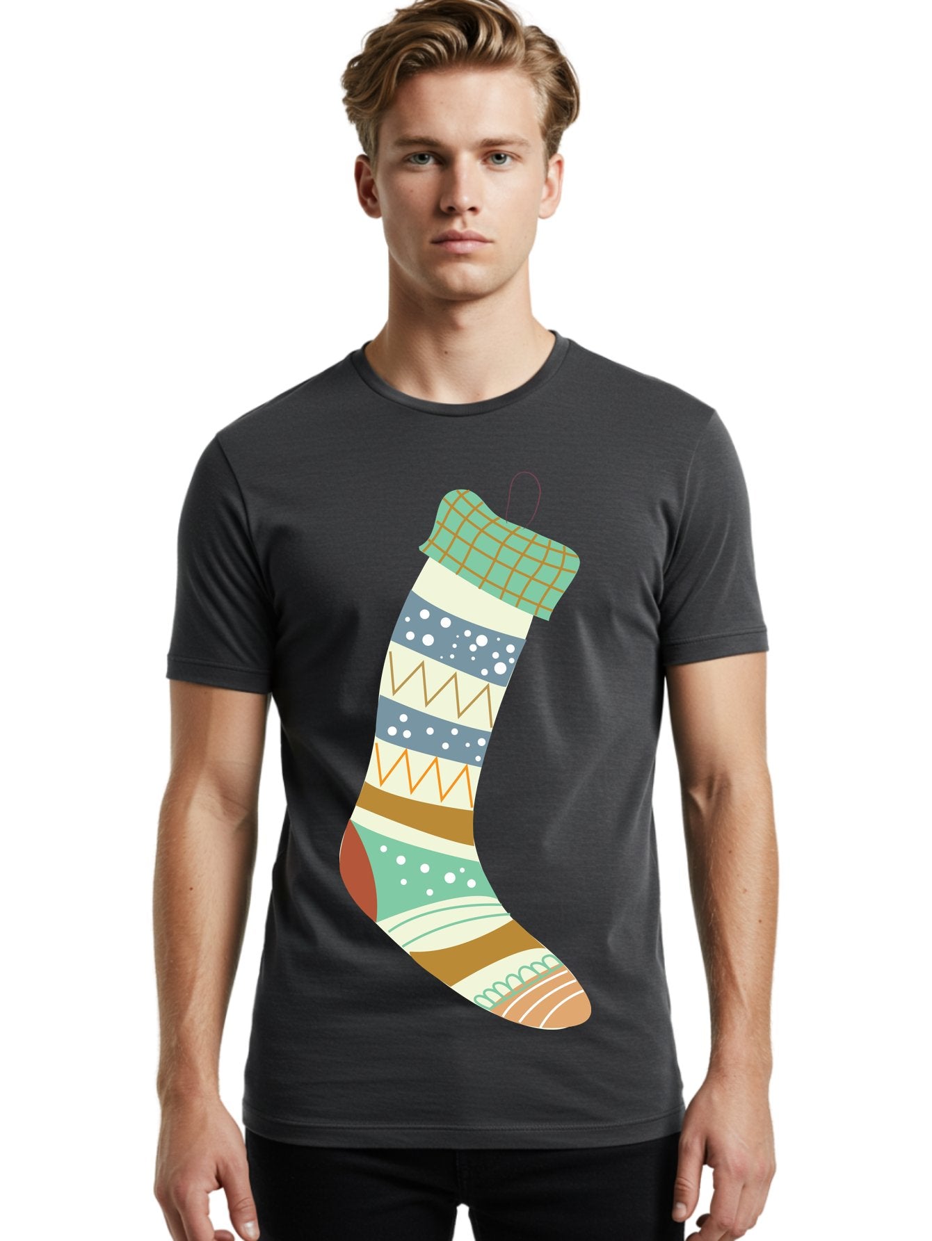 Christmas-Stocking Men'S Graphic Tee, 100% Cotton, Comfortable Casual Summer Wear, Machine Washable, Christmas Stocking, Holiday Decor, Festive Patterns, Stripes, Polka Dots, Chevron Design, Hanging Ornament, Seasonal Decoration, Aac587 26