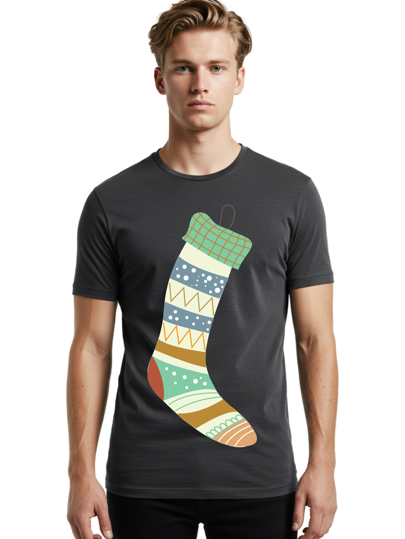 Christmas-Stocking Men'S Graphic Tee, 100% Cotton, Comfortable Casual Summer Wear, Machine Washable, Christmas Stocking, Holiday Decor, Festive Patterns, Stripes, Polka Dots, Chevron Design, Hanging Ornament, Seasonal Decoration, Aac587 10