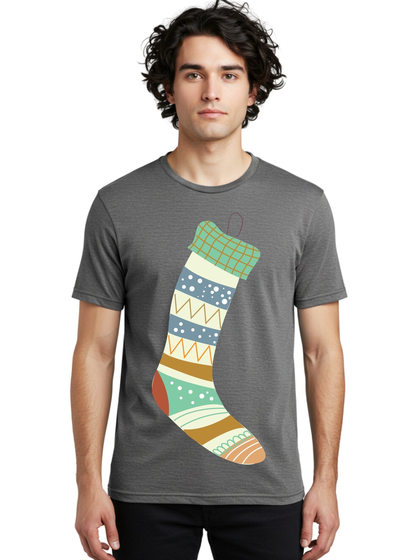 Christmas-Stocking Men'S Graphic Tee, 100% Cotton, Comfortable Casual Summer Wear, Machine Washable, Christmas Stocking, Holiday Decor, Festive Patterns, Stripes, Polka Dots, Chevron Design, Hanging Ornament, Seasonal Decoration, Aac587 29