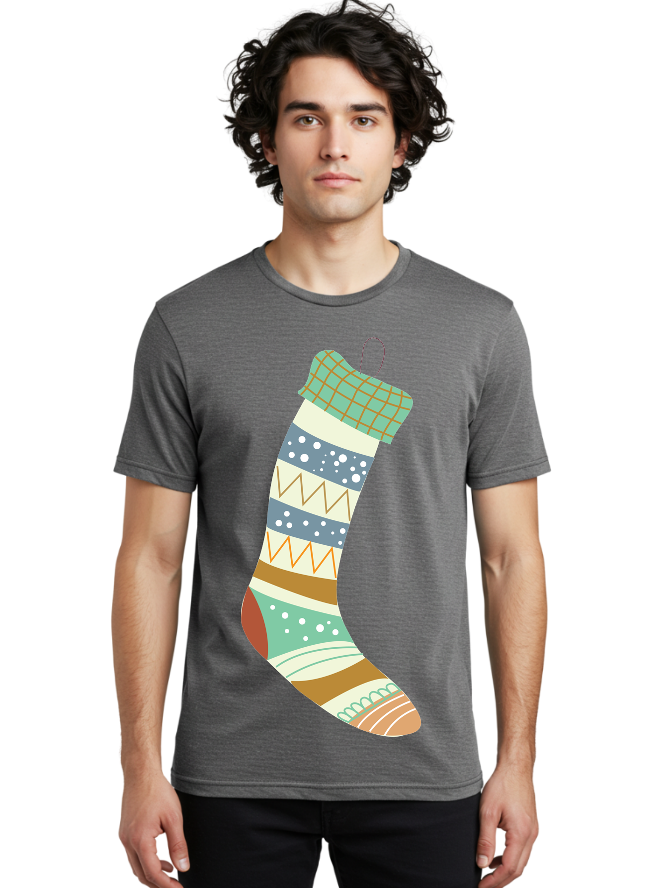 Christmas-Stocking Men'S Graphic Tee, 100% Cotton, Comfortable Casual Summer Wear, Machine Washable, Christmas Stocking, Holiday Decor, Festive Patterns, Stripes, Polka Dots, Chevron Design, Hanging Ornament, Seasonal Decoration, Aac587 4