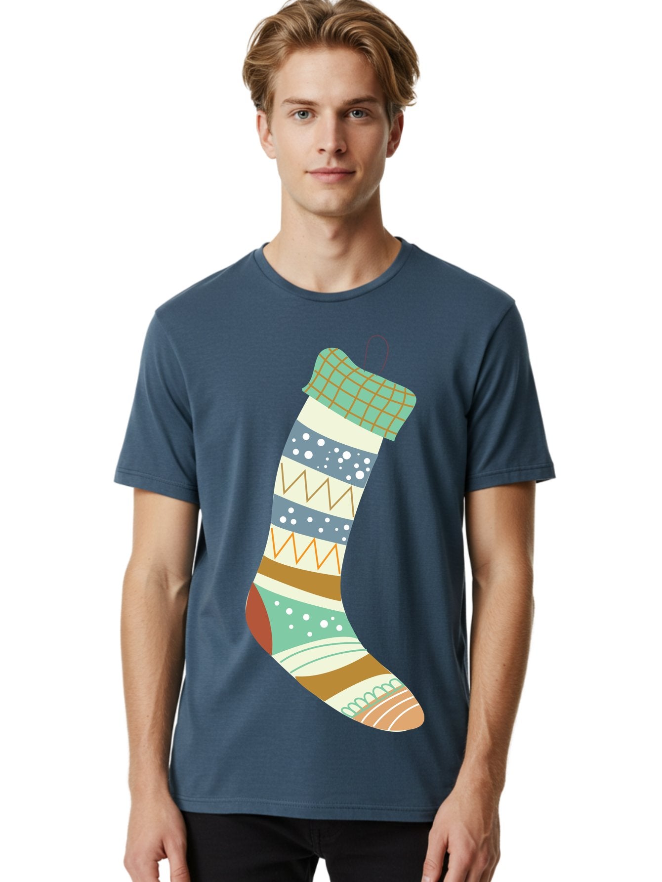 Christmas-Stocking Men'S Graphic Tee, 100% Cotton, Comfortable Casual Summer Wear, Machine Washable, Christmas Stocking, Holiday Decor, Festive Patterns, Stripes, Polka Dots, Chevron Design, Hanging Ornament, Seasonal Decoration, Aac587 20