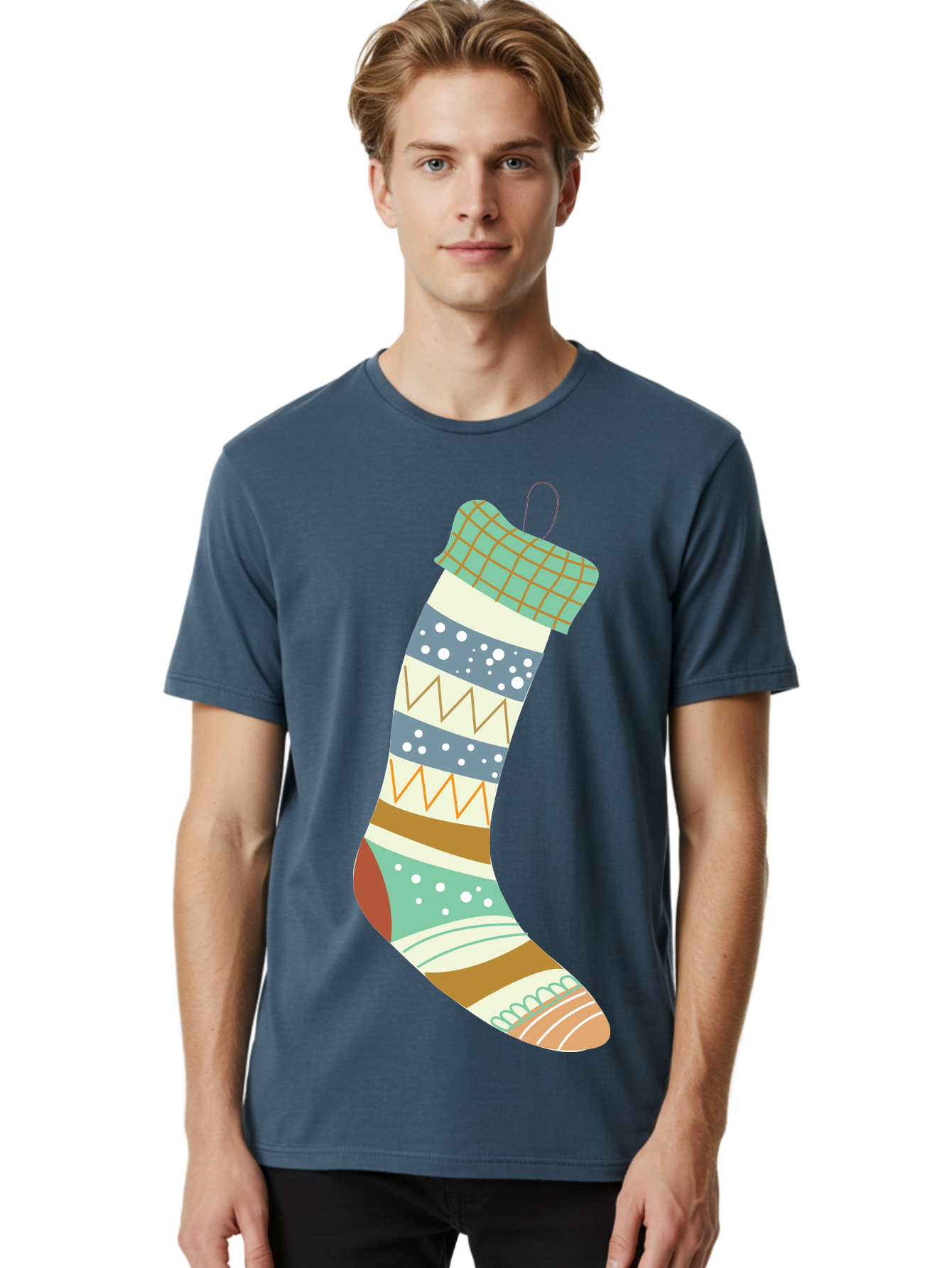 Christmas-Stocking Men'S Graphic Tee, 100% Cotton, Comfortable Casual Summer Wear, Machine Washable, Christmas Stocking, Holiday Decor, Festive Patterns, Stripes, Polka Dots, Chevron Design, Hanging Ornament, Seasonal Decoration, Aac587 30