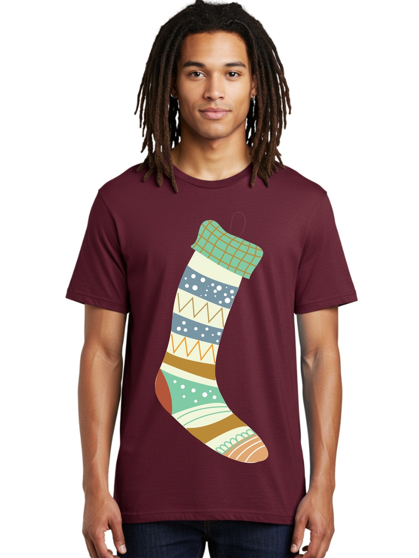 Christmas-Stocking Men'S Graphic Tee, 100% Cotton, Comfortable Casual Summer Wear, Machine Washable, Christmas Stocking, Holiday Decor, Festive Patterns, Stripes, Polka Dots, Chevron Design, Hanging Ornament, Seasonal Decoration, Aac587 23
