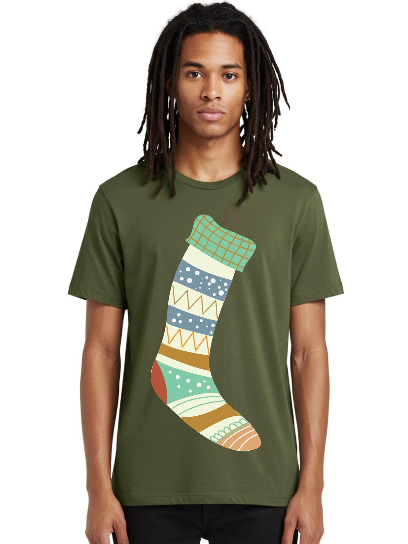 Christmas-Stocking Men'S Graphic Tee, 100% Cotton, Comfortable Casual Summer Wear, Machine Washable, Christmas Stocking, Holiday Decor, Festive Patterns, Stripes, Polka Dots, Chevron Design, Hanging Ornament, Seasonal Decoration, Aac587 22