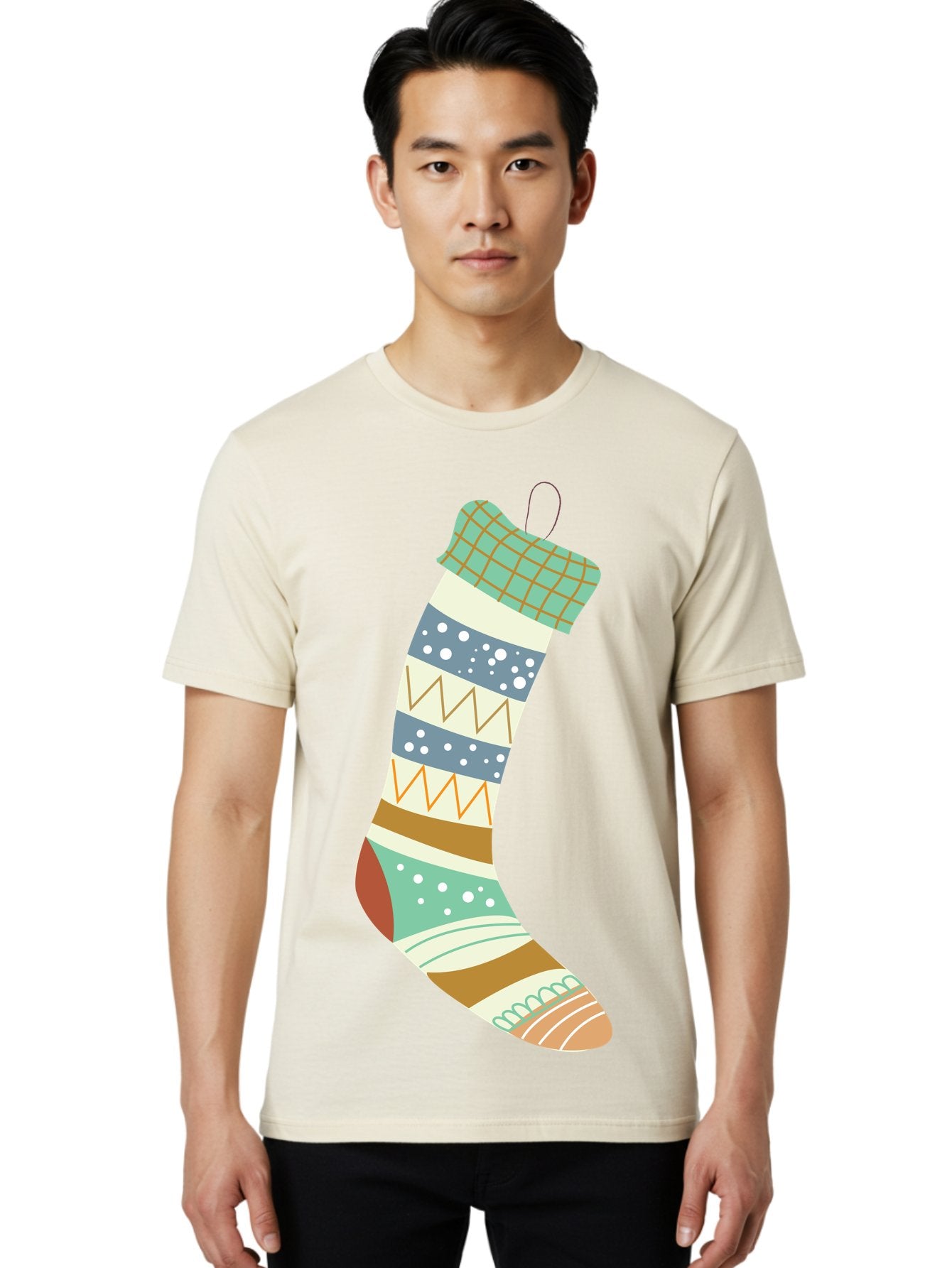 Christmas-Stocking Men'S Graphic Tee, 100% Cotton, Comfortable Casual Summer Wear, Machine Washable, Christmas Stocking, Holiday Decor, Festive Patterns, Stripes, Polka Dots, Chevron Design, Hanging Ornament, Seasonal Decoration, Aac587 28