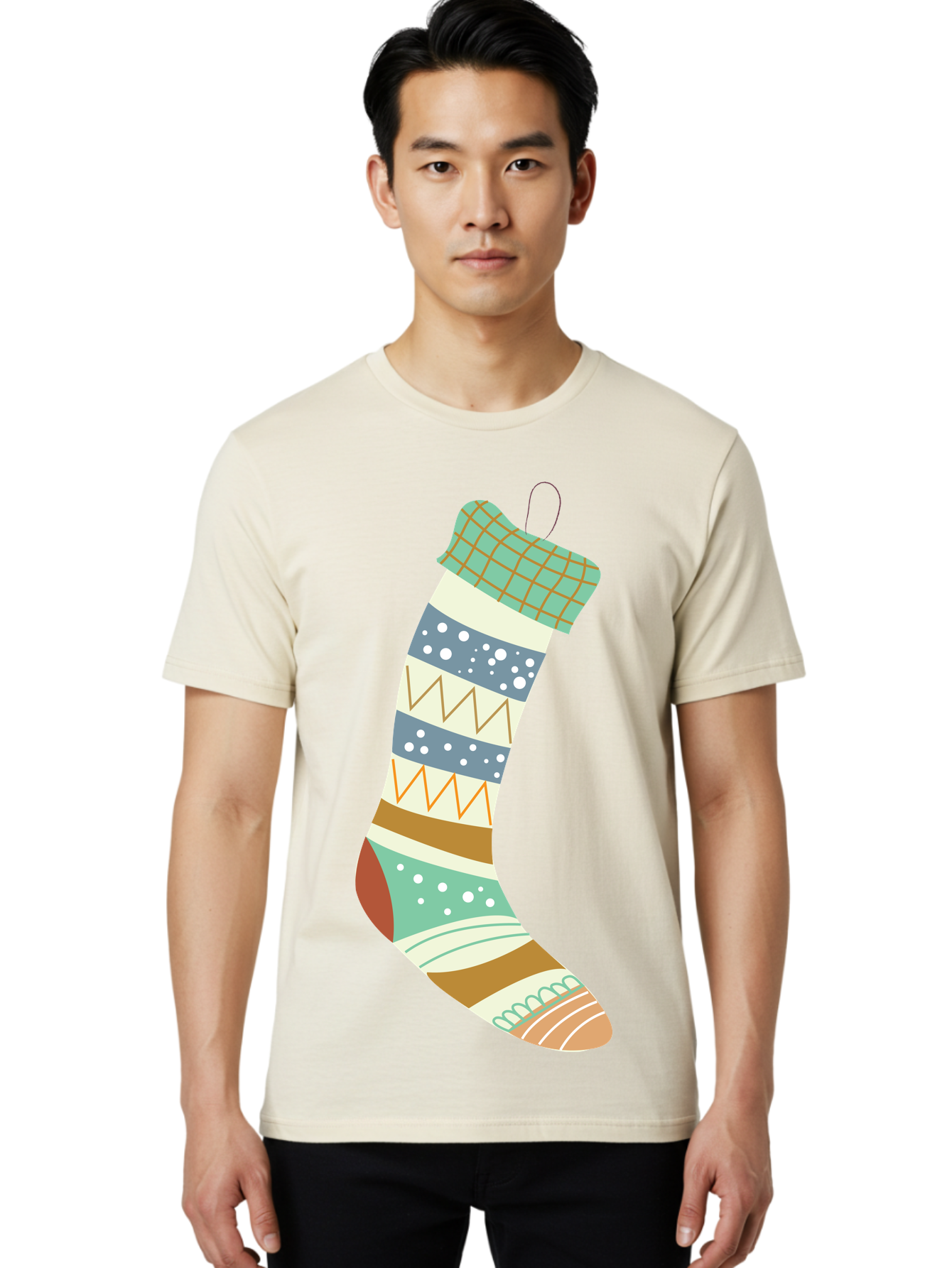Christmas-Stocking Men'S Graphic Tee, 100% Cotton, Comfortable Casual Summer Wear, Machine Washable, Christmas Stocking, Holiday Decor, Festive Patterns, Stripes, Polka Dots, Chevron Design, Hanging Ornament, Seasonal Decoration, Aac587 6