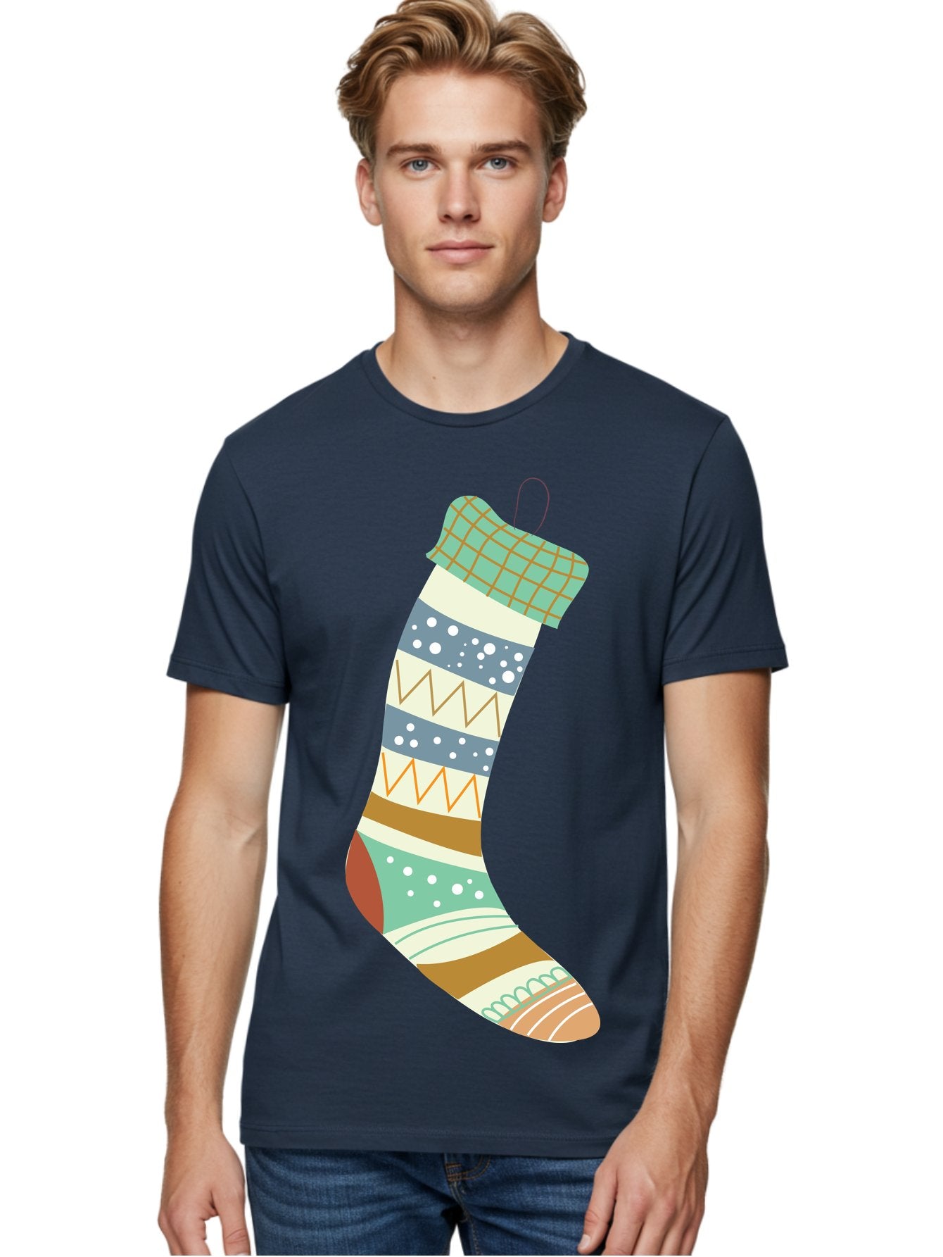 Christmas-Stocking Men'S Graphic Tee, 100% Cotton, Comfortable Casual Summer Wear, Machine Washable, Christmas Stocking, Holiday Decor, Festive Patterns, Stripes, Polka Dots, Chevron Design, Hanging Ornament, Seasonal Decoration, Aac587 30