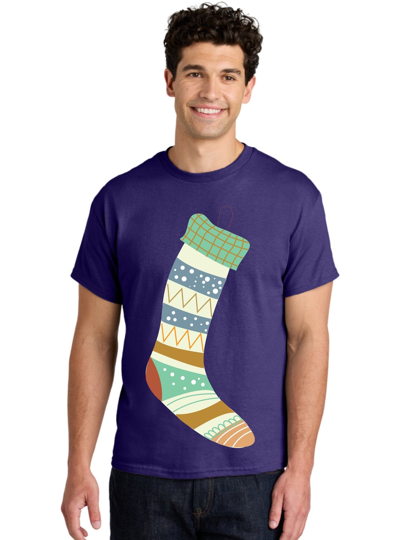 Christmas-Stocking Men'S Graphic Tee, 100% Cotton, Comfortable Casual Summer Wear, Machine Washable, Christmas Stocking, Holiday Decor, Festive Patterns, Stripes, Polka Dots, Chevron Design, Hanging Ornament, Seasonal Decoration, Aac587 27