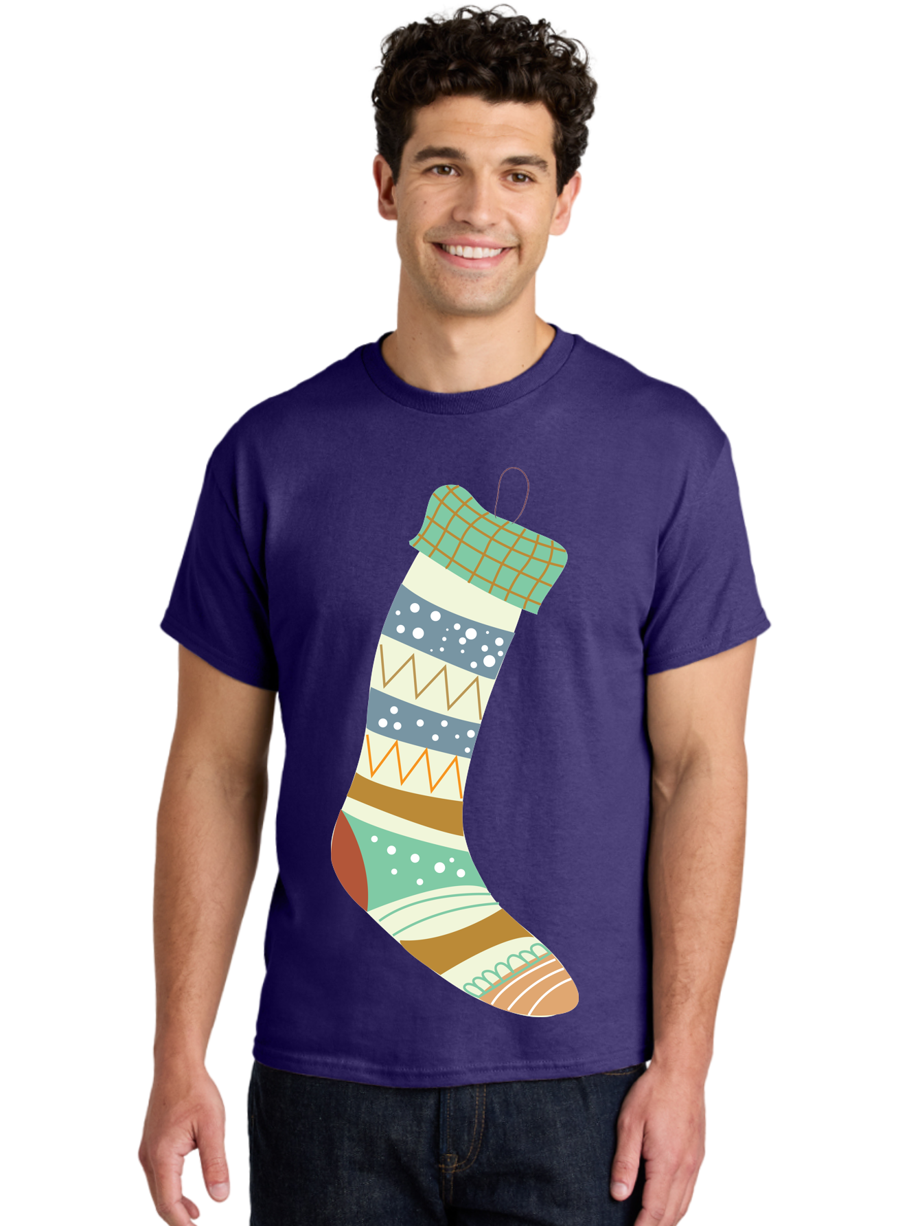 Christmas-Stocking Men'S Graphic Tee, 100% Cotton, Comfortable Casual Summer Wear, Machine Washable, Christmas Stocking, Holiday Decor, Festive Patterns, Stripes, Polka Dots, Chevron Design, Hanging Ornament, Seasonal Decoration, Aac587 8