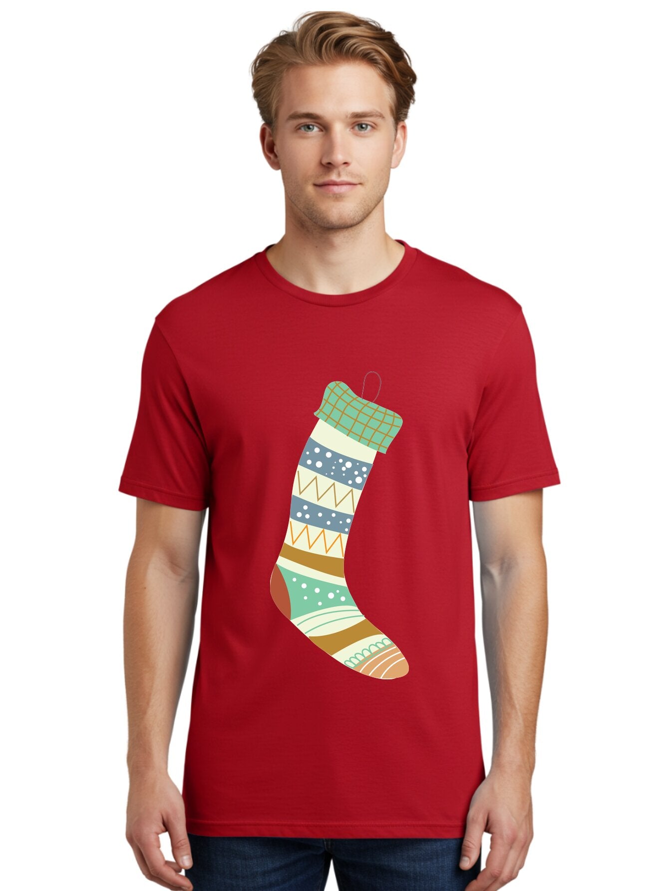 Christmas-Stocking Men'S Graphic Tee, 100% Cotton, Comfortable Casual Summer Wear, Machine Washable, Christmas Stocking, Holiday Decor, Festive Patterns, Stripes, Polka Dots, Chevron Design, Hanging Ornament, Seasonal Decoration, Aac587 25