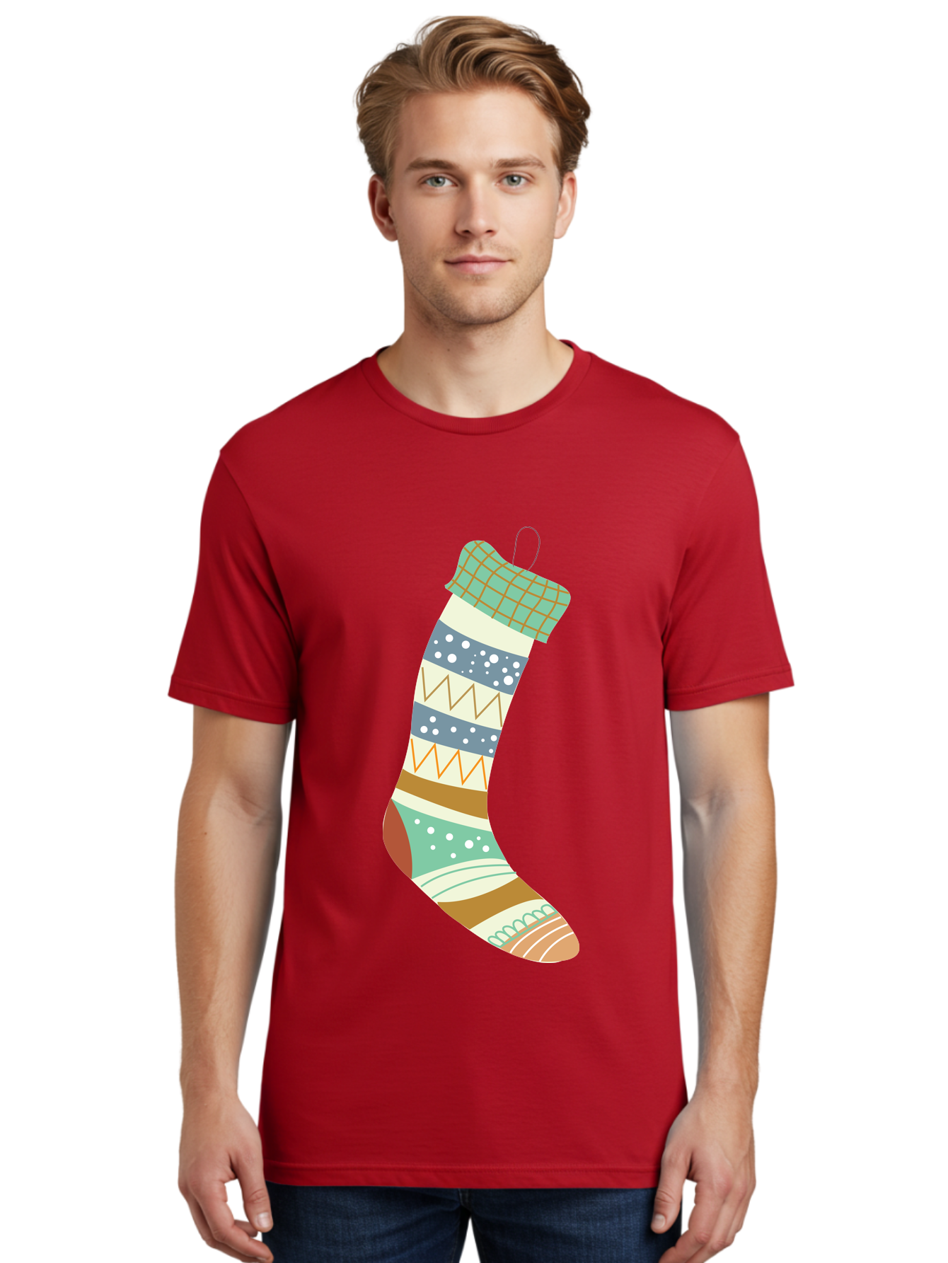 Christmas-Stocking Men'S Graphic Tee, 100% Cotton, Comfortable Casual Summer Wear, Machine Washable, Christmas Stocking, Holiday Decor, Festive Patterns, Stripes, Polka Dots, Chevron Design, Hanging Ornament, Seasonal Decoration, Aac587 12