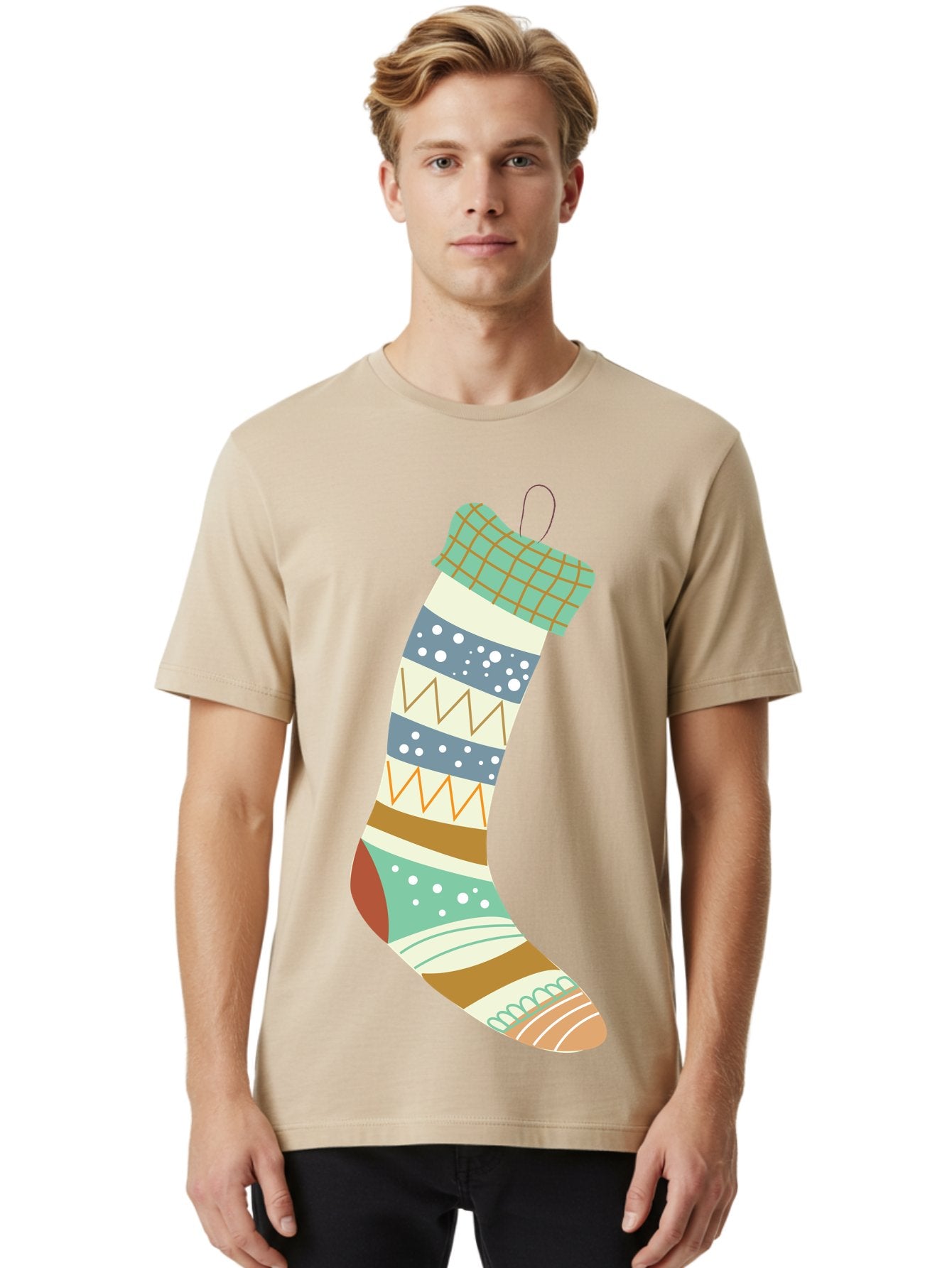 Christmas-Stocking Men'S Graphic Tee, 100% Cotton, Comfortable Casual Summer Wear, Machine Washable, Christmas Stocking, Holiday Decor, Festive Patterns, Stripes, Polka Dots, Chevron Design, Hanging Ornament, Seasonal Decoration, Aac587 16