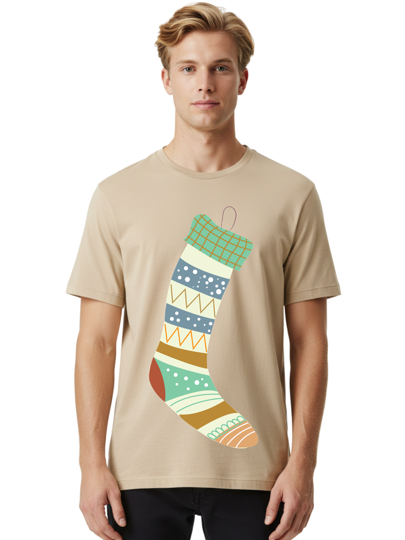 Christmas-Stocking Men'S Graphic Tee, 100% Cotton, Comfortable Casual Summer Wear, Machine Washable, Christmas Stocking, Holiday Decor, Festive Patterns, Stripes, Polka Dots, Chevron Design, Hanging Ornament, Seasonal Decoration, Aac587 26