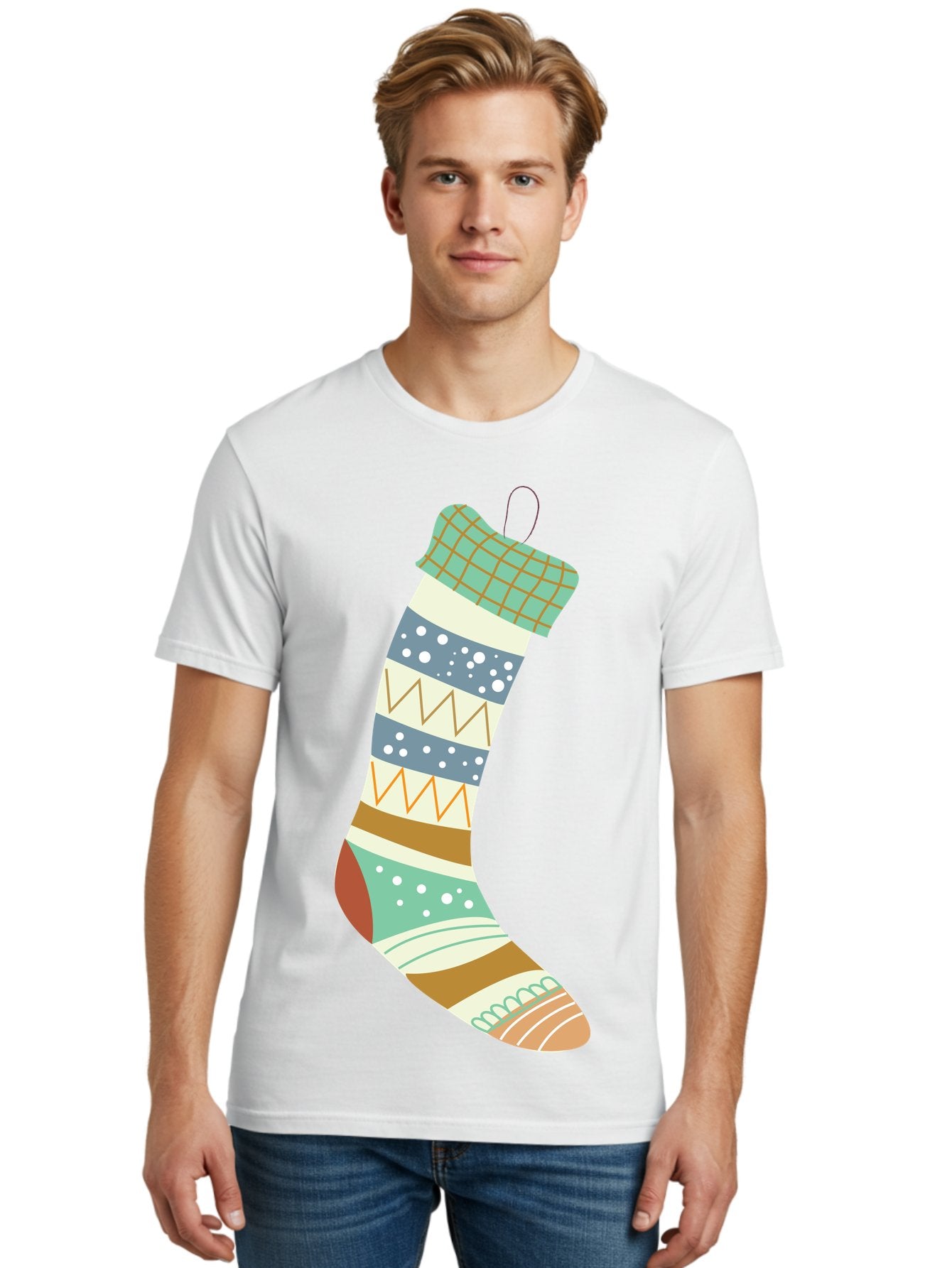 Christmas-Stocking Men'S Graphic Tee, 100% Cotton, Comfortable Casual Summer Wear, Machine Washable, Christmas Stocking, Holiday Decor, Festive Patterns, Stripes, Polka Dots, Chevron Design, Hanging Ornament, Seasonal Decoration, Aac587 21