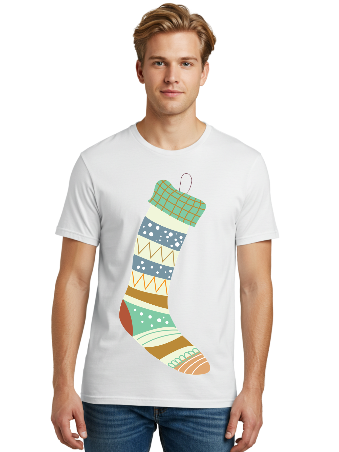 Christmas-Stocking Men'S Graphic Tee, 100% Cotton, Comfortable Casual Summer Wear, Machine Washable, Christmas Stocking, Holiday Decor, Festive Patterns, Stripes, Polka Dots, Chevron Design, Hanging Ornament, Seasonal Decoration, Aac587 20