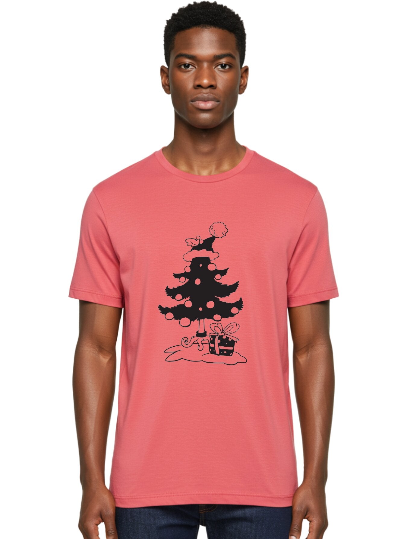 Christmas-Tree-1 Men'S Graphic Tee, 100% Cotton, Comfortable Casual Summer Wear, Machine Washable, Christmas Tree Silhouette, Decorated Tree, Angel On Top, Christmas Ornaments, Gift Box, Ribbon, Festive, Holiday, Christmas Decoration, Aac588 21