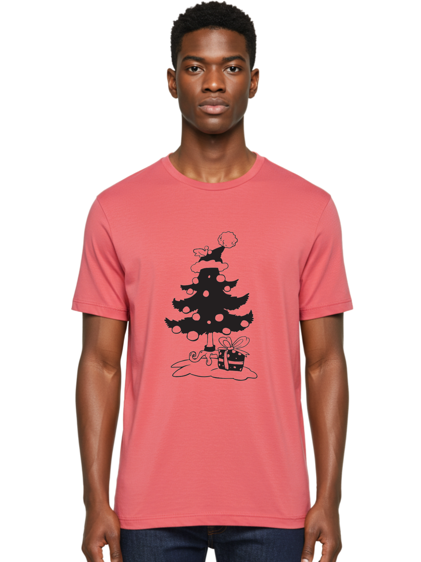 Christmas-Tree-1 Men'S Graphic Tee, 100% Cotton, Comfortable Casual Summer Wear, Machine Washable, Christmas Tree Silhouette, Decorated Tree, Angel On Top, Christmas Ornaments, Gift Box, Ribbon, Festive, Holiday, Christmas Decoration, Aac588 20