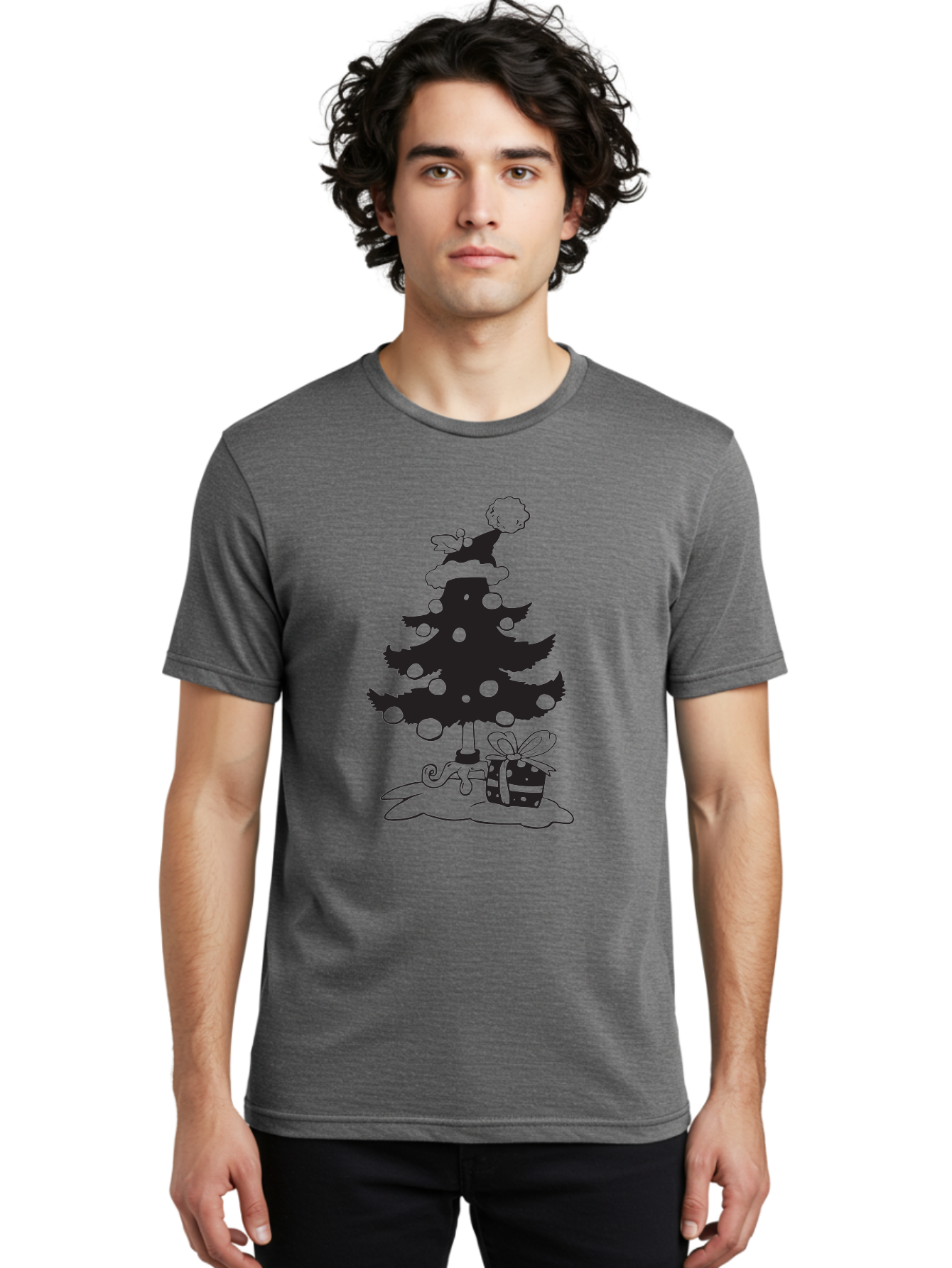 Christmas-Tree-1 Men'S Graphic Tee, 100% Cotton, Comfortable Casual Summer Wear, Machine Washable, Christmas Tree Silhouette, Decorated Tree, Angel On Top, Christmas Ornaments, Gift Box, Ribbon, Festive, Holiday, Christmas Decoration, Aac588 10