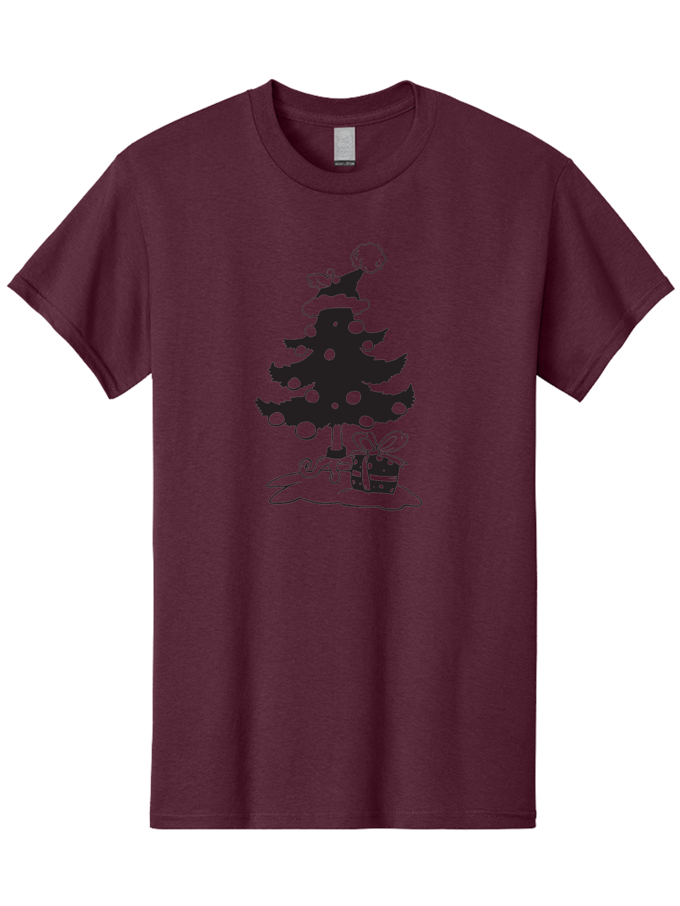 Christmas-Tree-1 Men'S Graphic Tee, 100% Cotton, Comfortable Casual Summer Wear, Machine Washable, Christmas Tree Silhouette, Decorated Tree, Angel On Top, Christmas Ornaments, Gift Box, Ribbon, Festive, Holiday, Christmas Decoration, Aac588