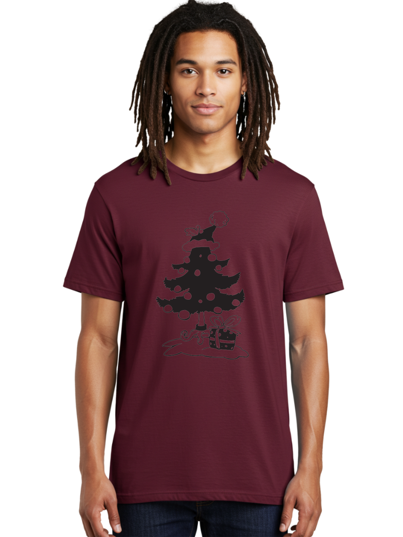 Christmas-Tree-1 Men'S Graphic Tee, 100% Cotton, Comfortable Casual Summer Wear, Machine Washable, Christmas Tree Silhouette, Decorated Tree, Angel On Top, Christmas Ornaments, Gift Box, Ribbon, Festive, Holiday, Christmas Decoration, Aac588