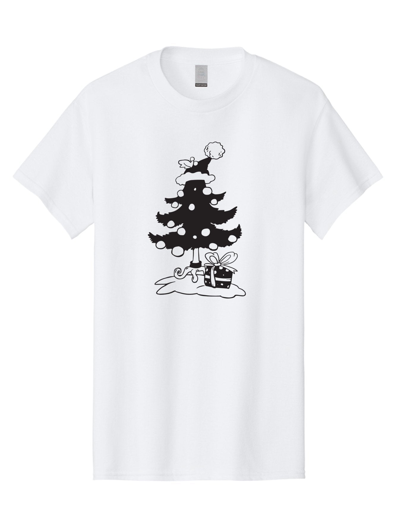 Christmas-Tree-1 Men'S Graphic Tee, 100% Cotton, Comfortable Casual Summer Wear, Machine Washable, Christmas Tree Silhouette, Decorated Tree, Angel On Top, Christmas Ornaments, Gift Box, Ribbon, Festive, Holiday, Christmas Decoration, Aac588 13