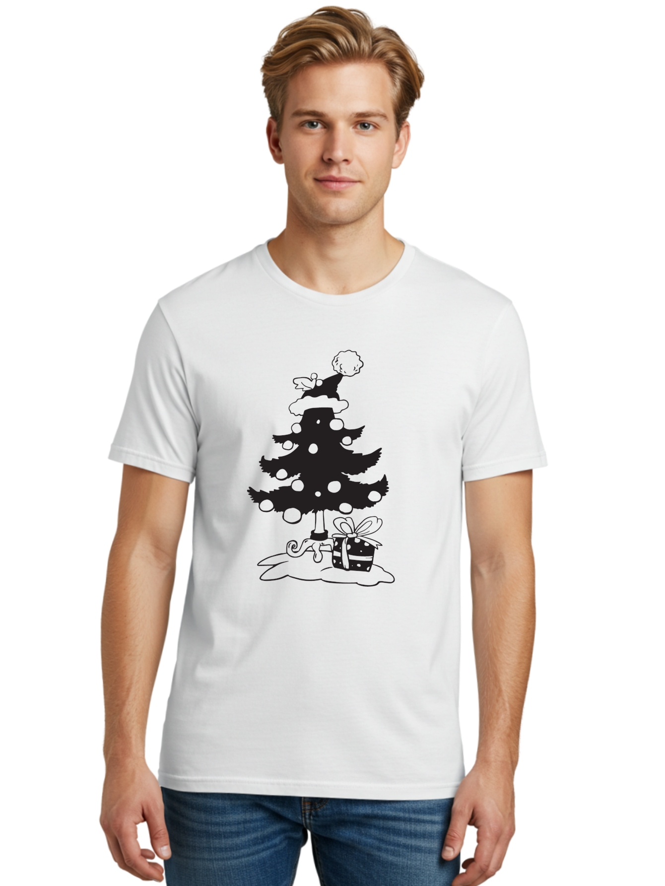Christmas-Tree-1 Men'S Graphic Tee, 100% Cotton, Comfortable Casual Summer Wear, Machine Washable, Christmas Tree Silhouette, Decorated Tree, Angel On Top, Christmas Ornaments, Gift Box, Ribbon, Festive, Holiday, Christmas Decoration, Aac588 30