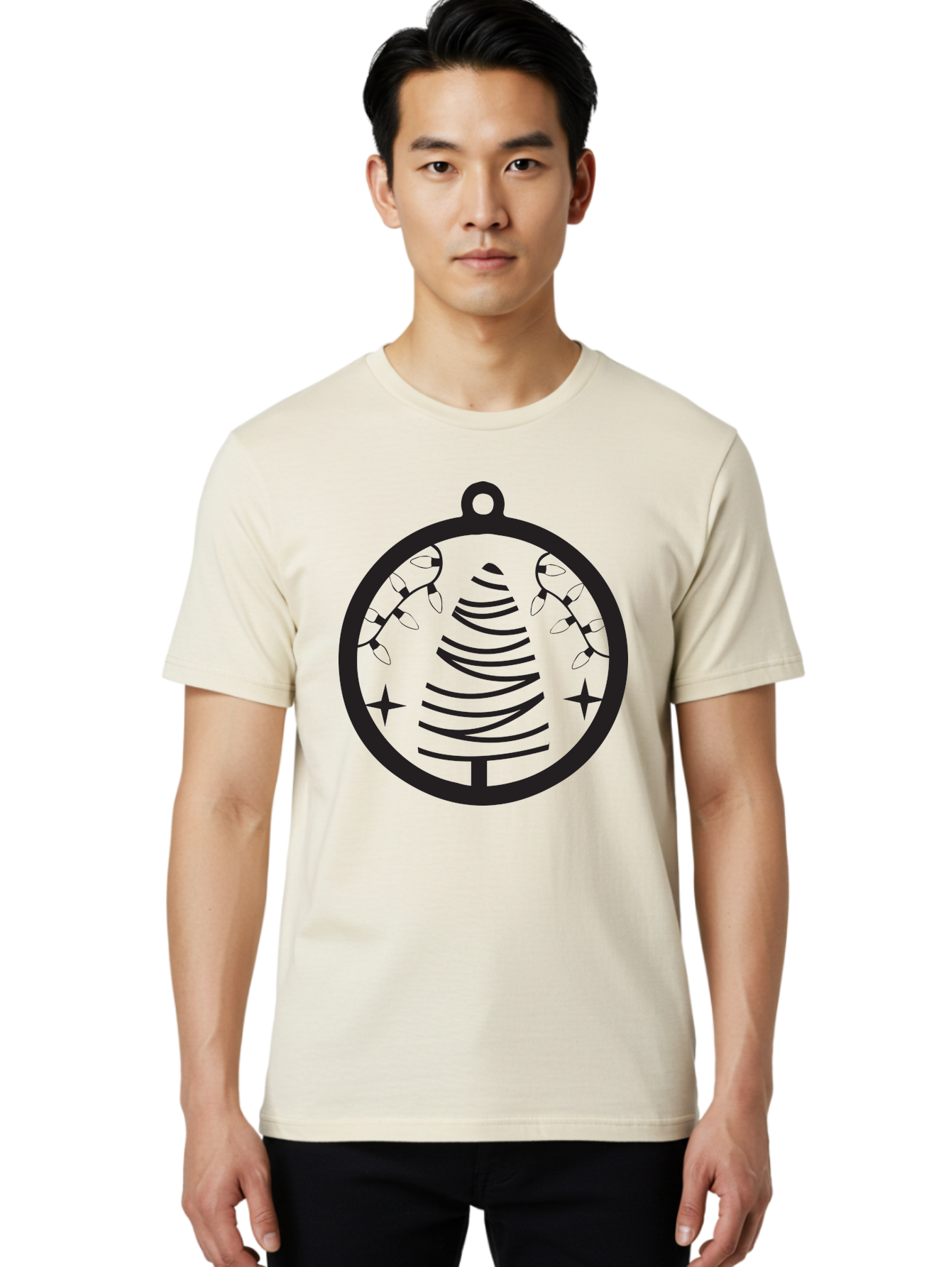 Christmas-Tree-Ornament-1 Men'S Graphic Tee, 100% Cotton, Comfortable Casual Summer Wear, Machine Washable, Christmas Tree, Holiday Decoration, Festive Lights, Stars, Winter Wonderland, Christmas Ornament, Black Silhouette, Festive Design Aac590 8