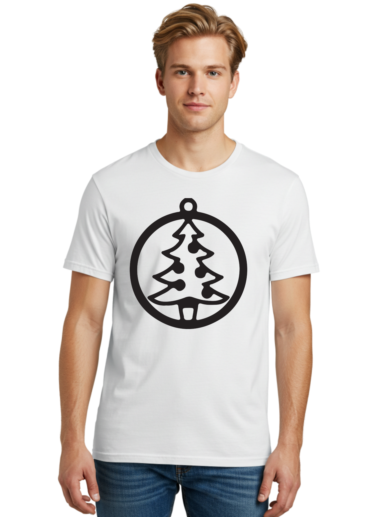 Christmas-Tree-Ornament-2 Men'S Graphic Tee, 100% Cotton, Comfortable Casual Summer Wear, Machine Washable, Christmas Tree, Holiday Decoration, Festive Symbol, Ornament Design, Black Silhouette, Simple Shape, Bauble, Christmas Theme, Aac591 26